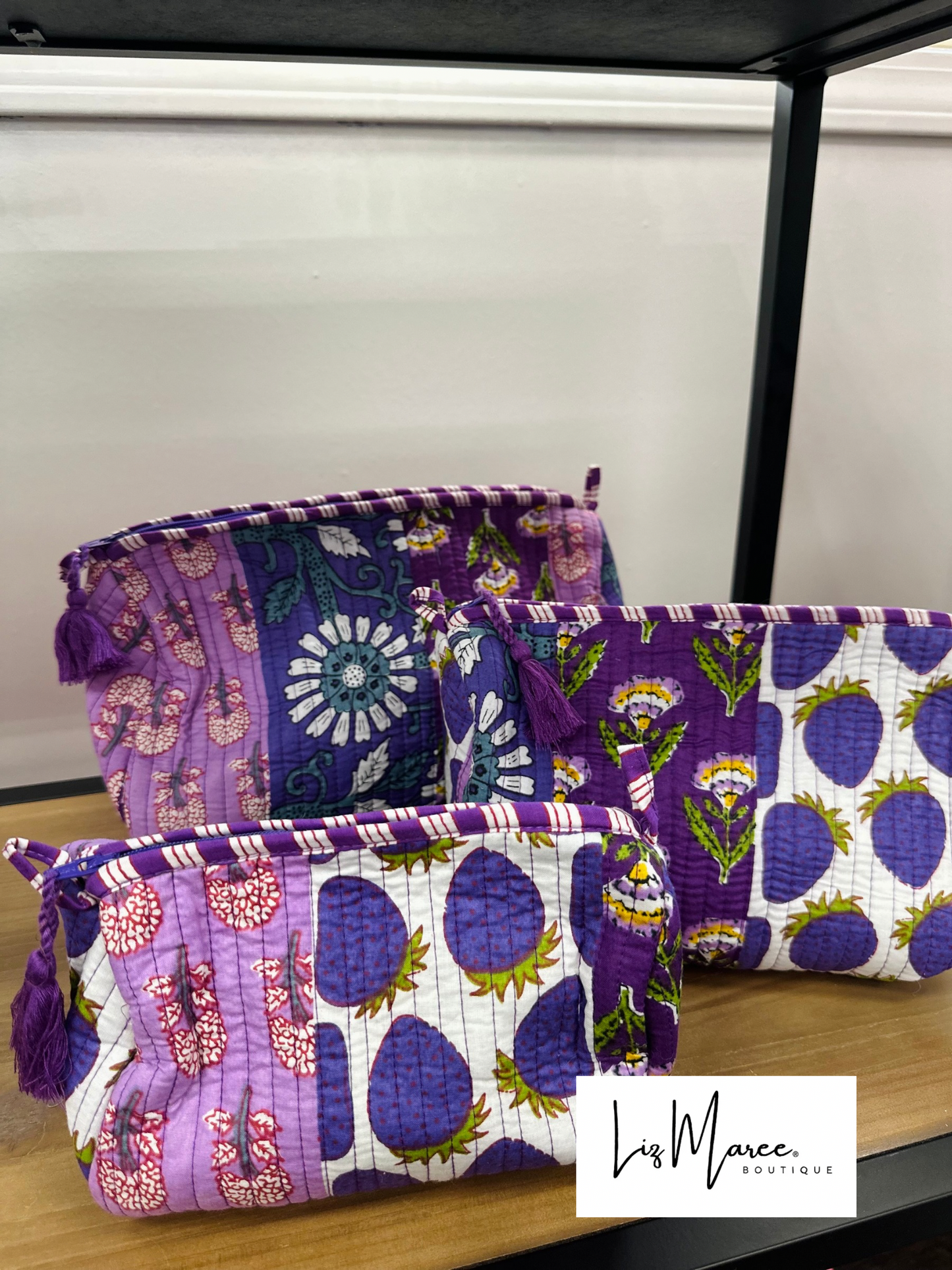 The Purple Multicolor Patchwork Quilted Cosmetic Bags - Set of 3