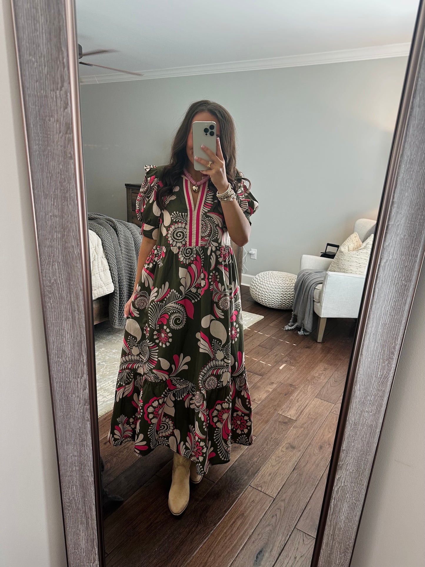 The Anne Olive Green + Pink Midi Dress