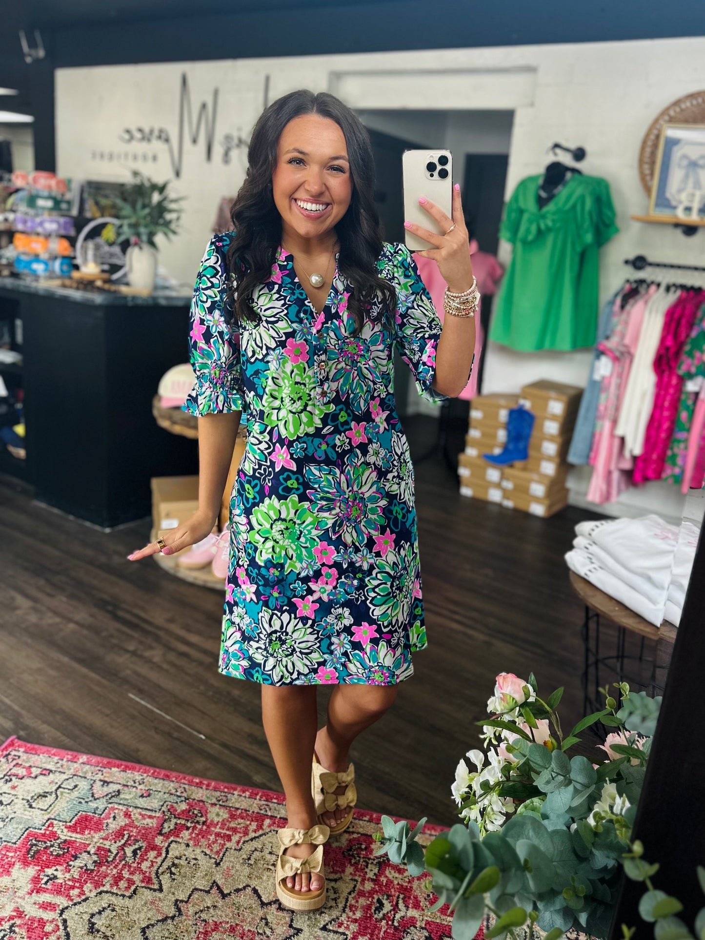 The Nova Navy Floral Ruffle Sleeve Dress