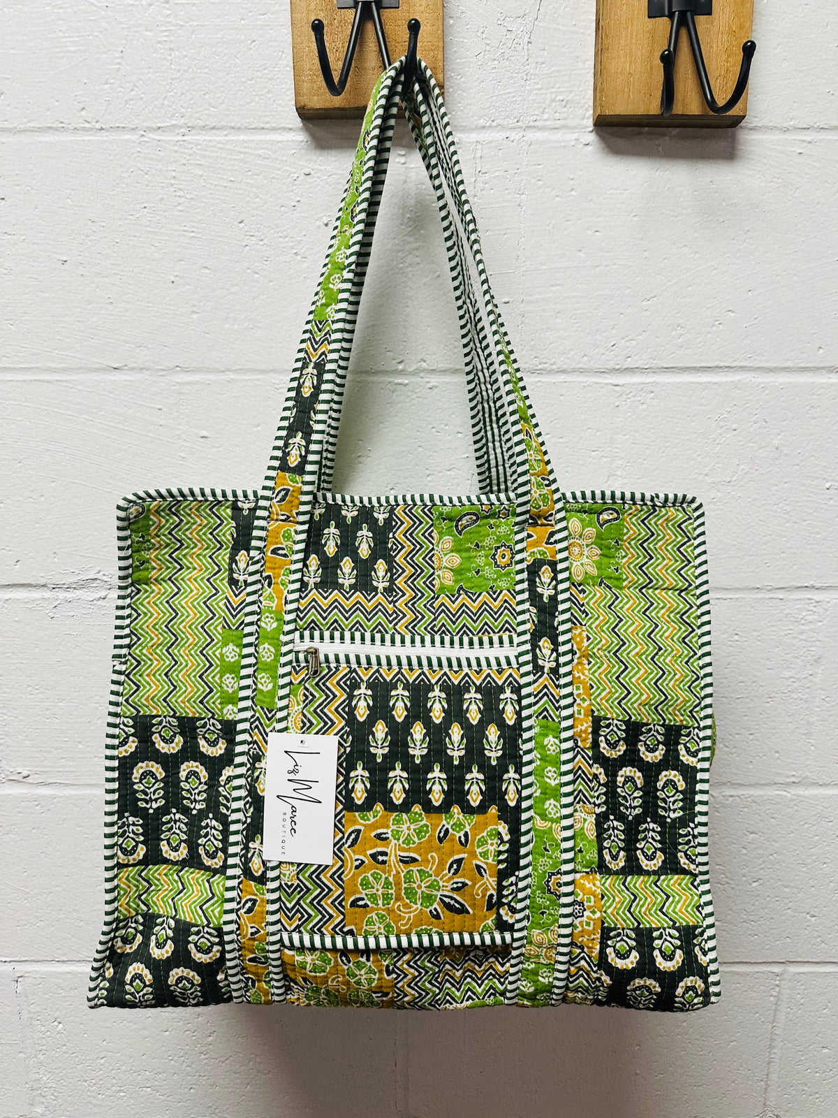 The Green + Black Multi Pattern Quilted Tote Bag