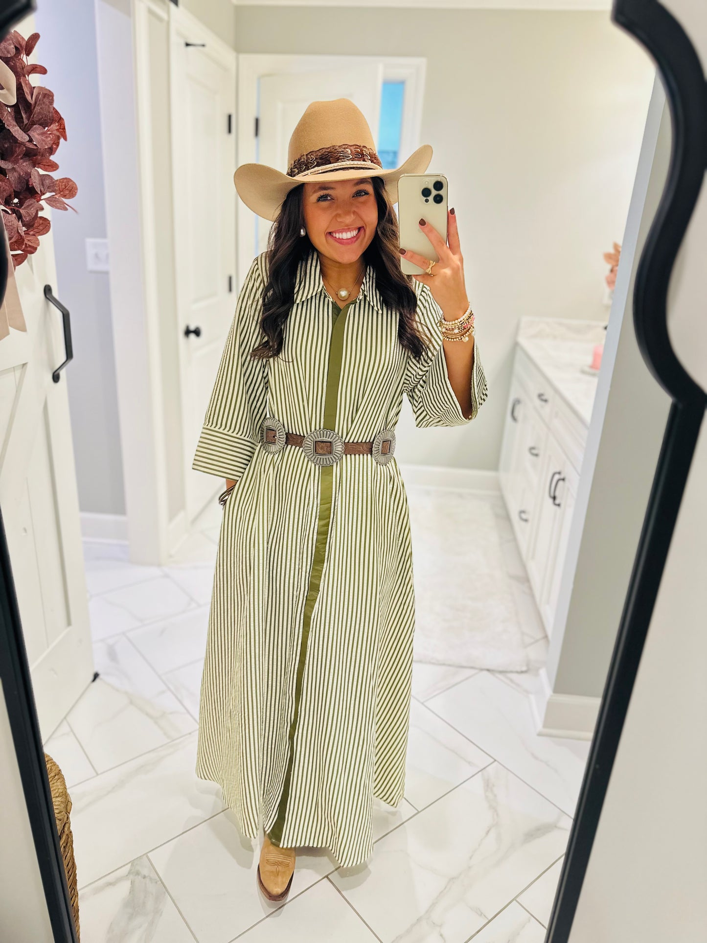 The Nora Olive Green Striped Midi Dress