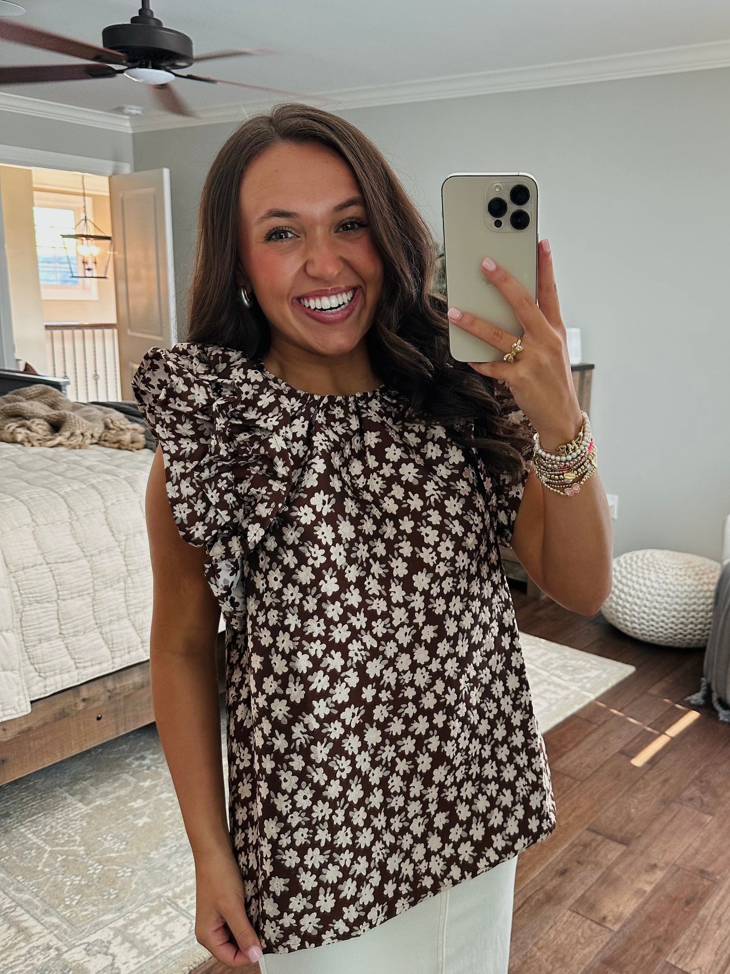 The Darci Brown Floral Ruffle Sleeve Top