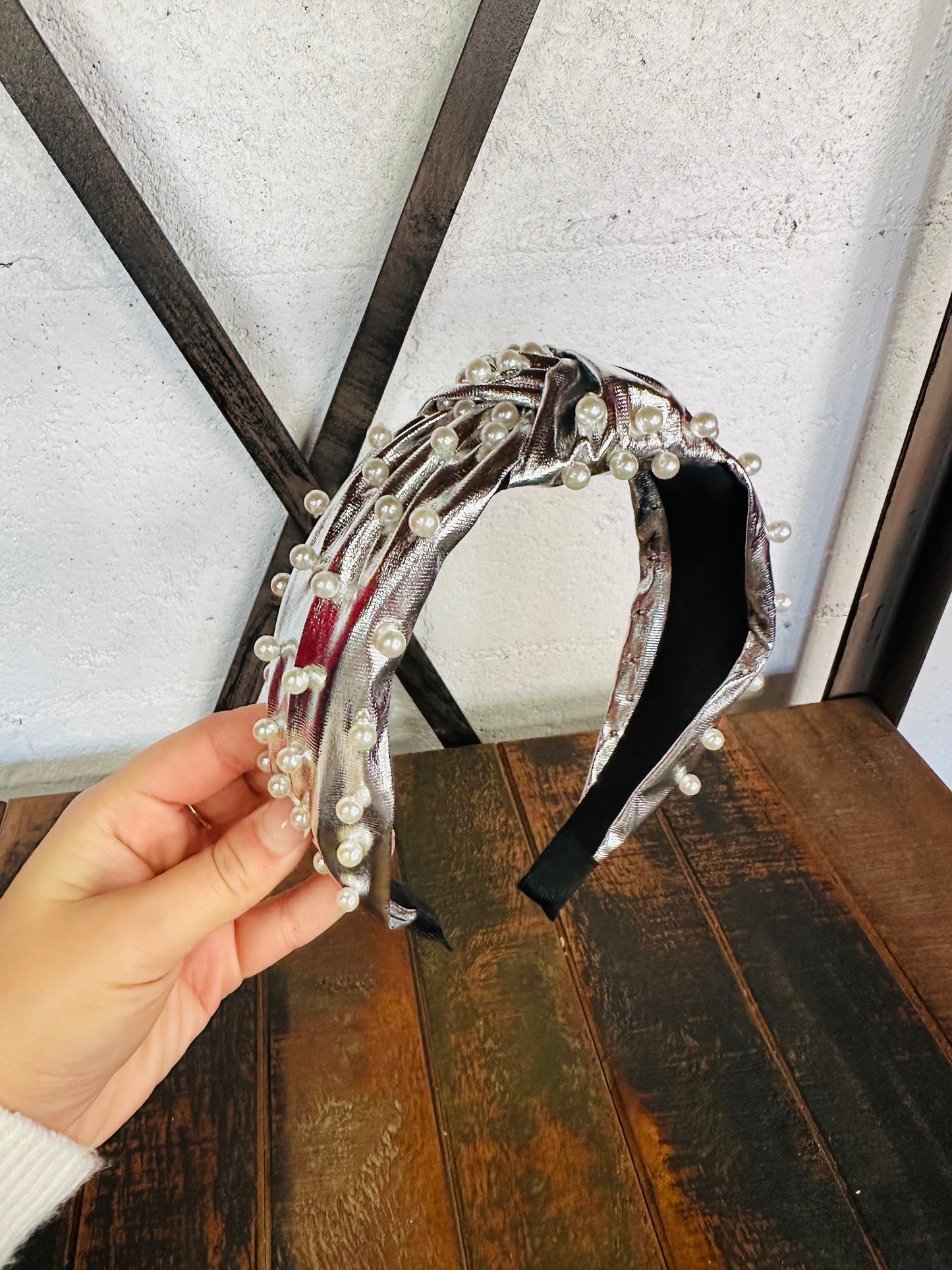 Silver Metallic Pearl Top Knot Headband