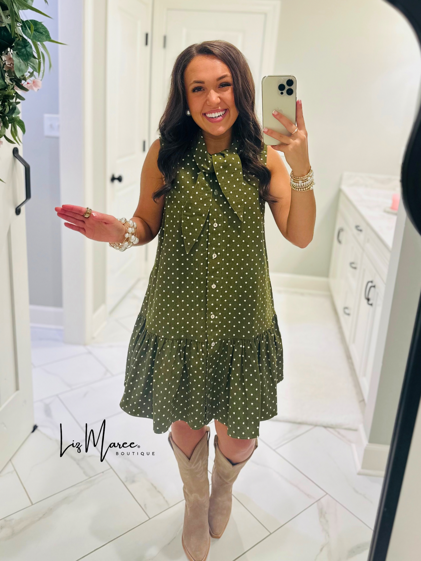 The Stella Olive Green Polka Dot Denim Dress