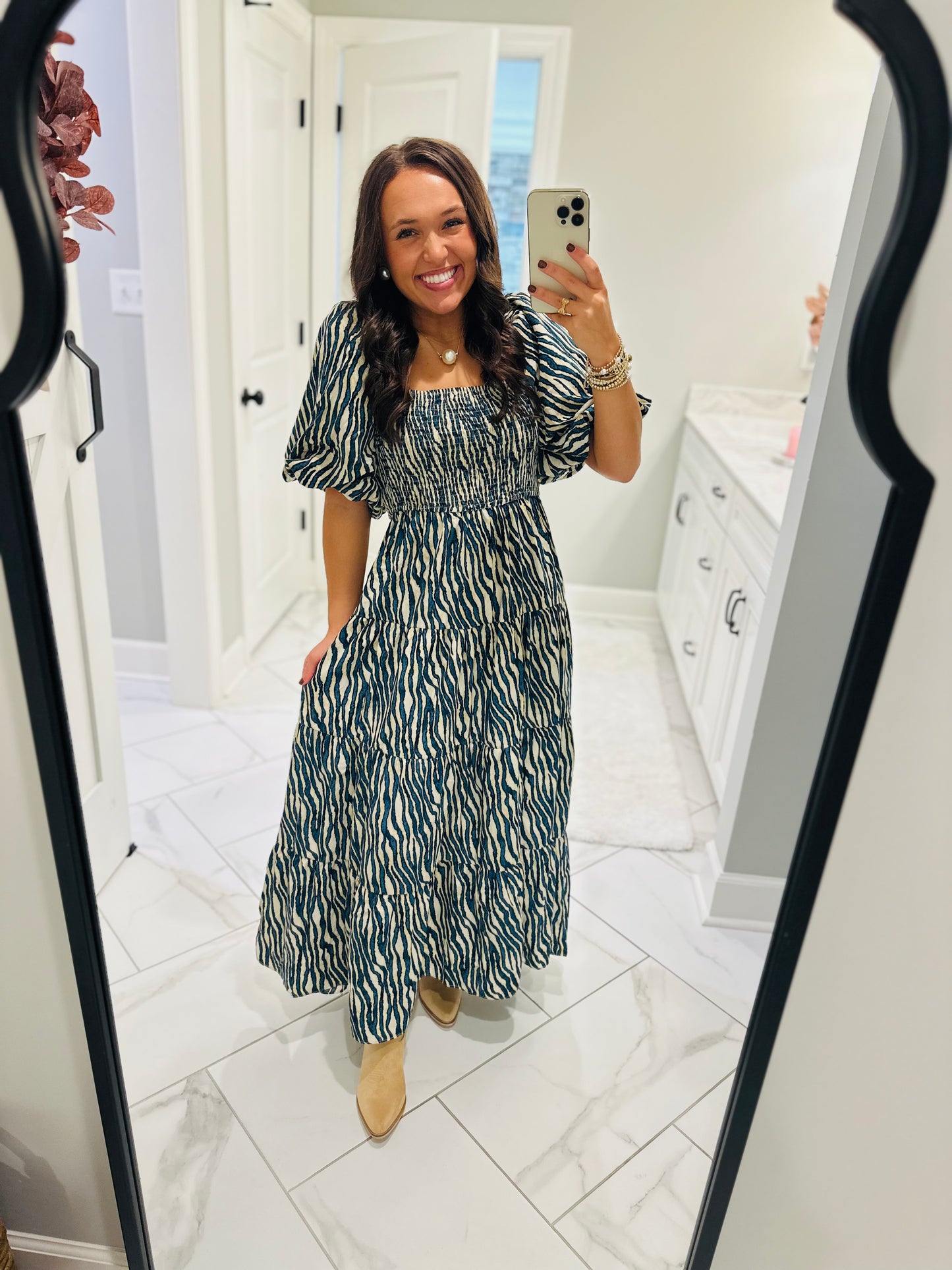 The Gracie Teal Smocked Midi Dress