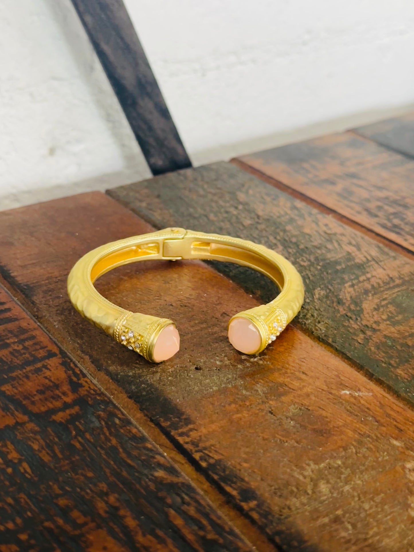 Gold Hammered Pink Bead End Cuff Bracelet
