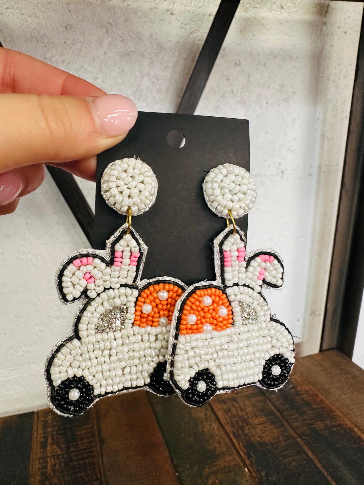 White Easter Bunny Truck Beaded Earrings
