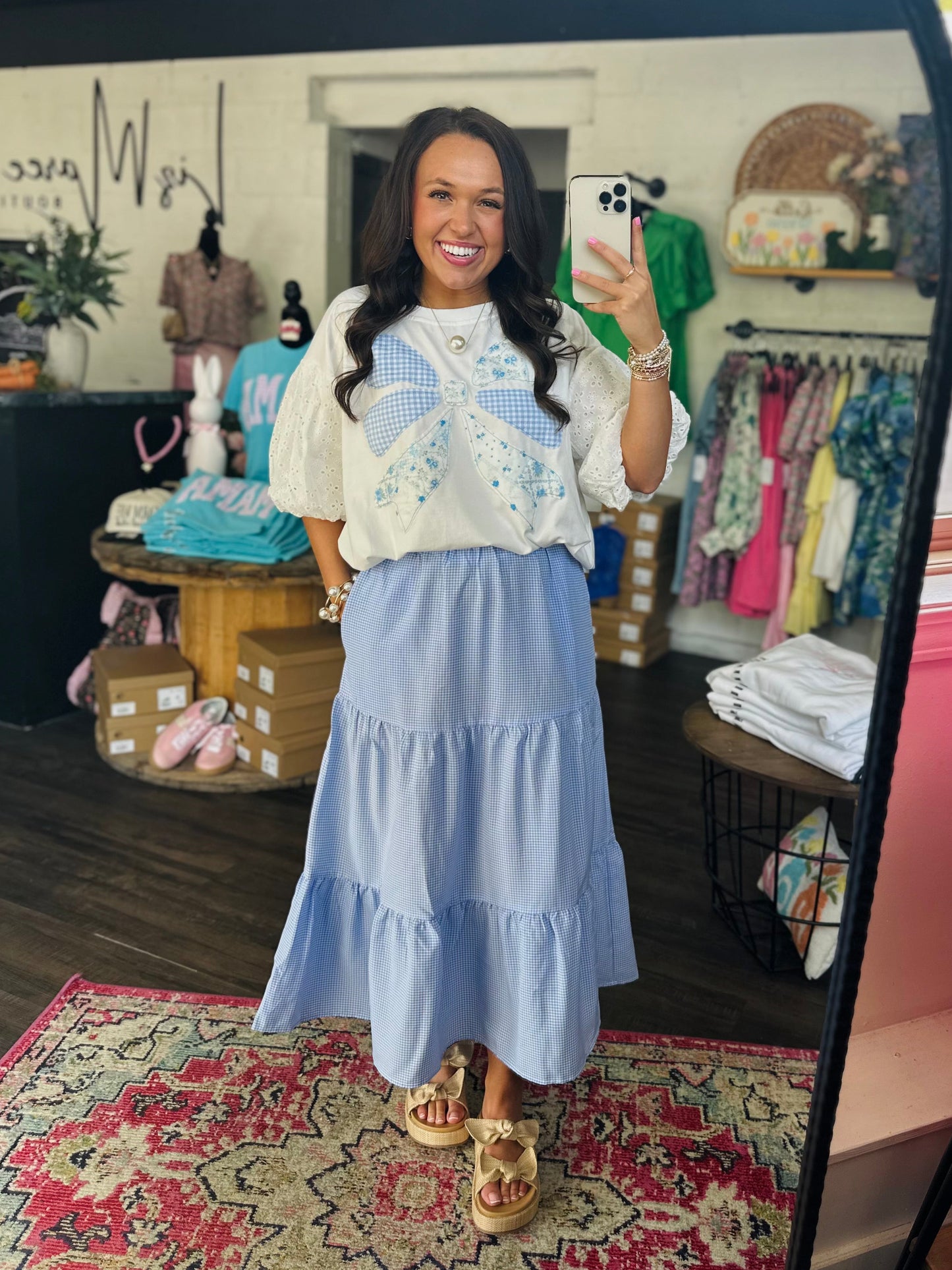 The Brylee Blue Bow Patchwork Top
