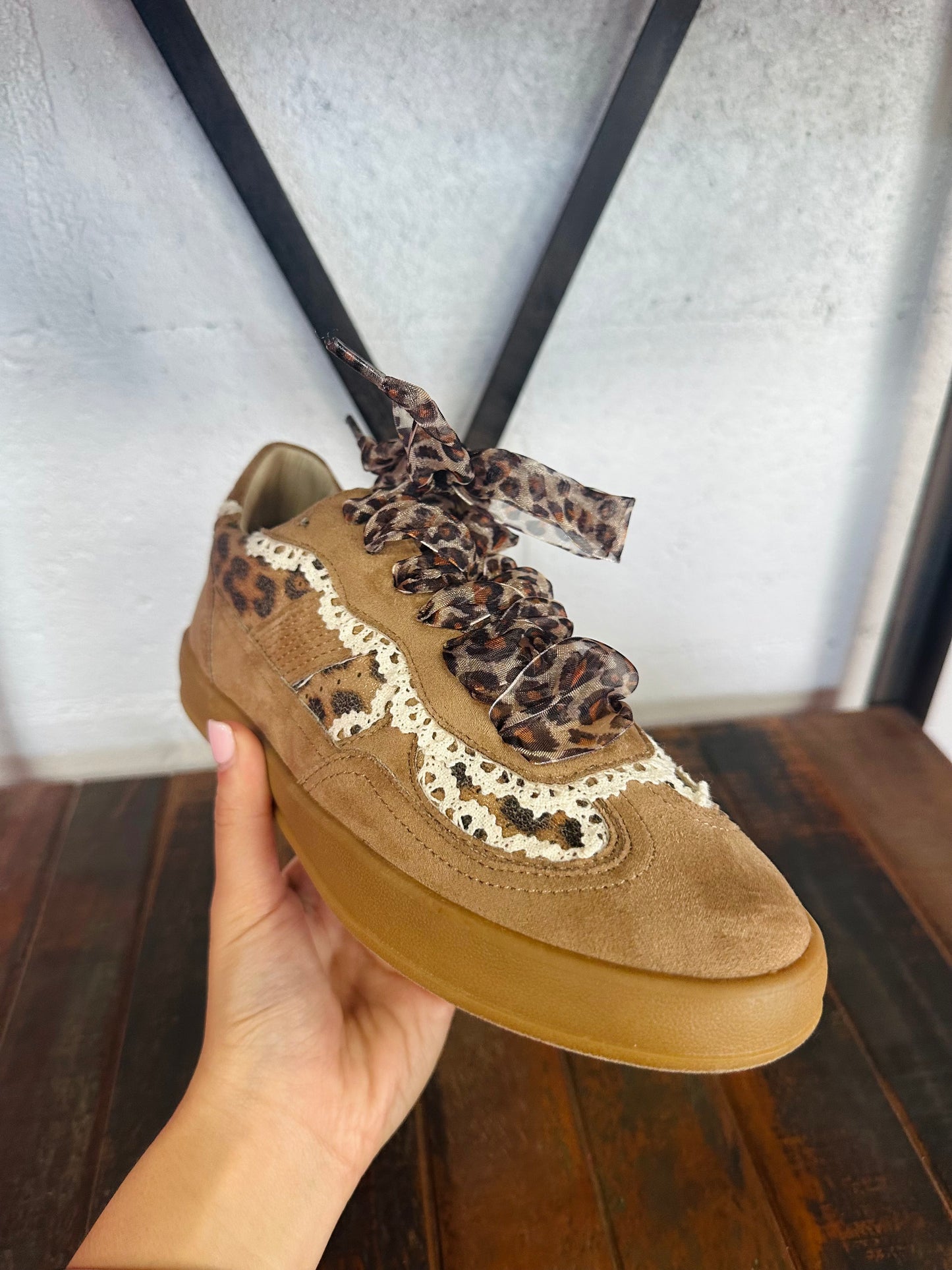 The Eleanor Camel Leopard Lace Trim Sneaker