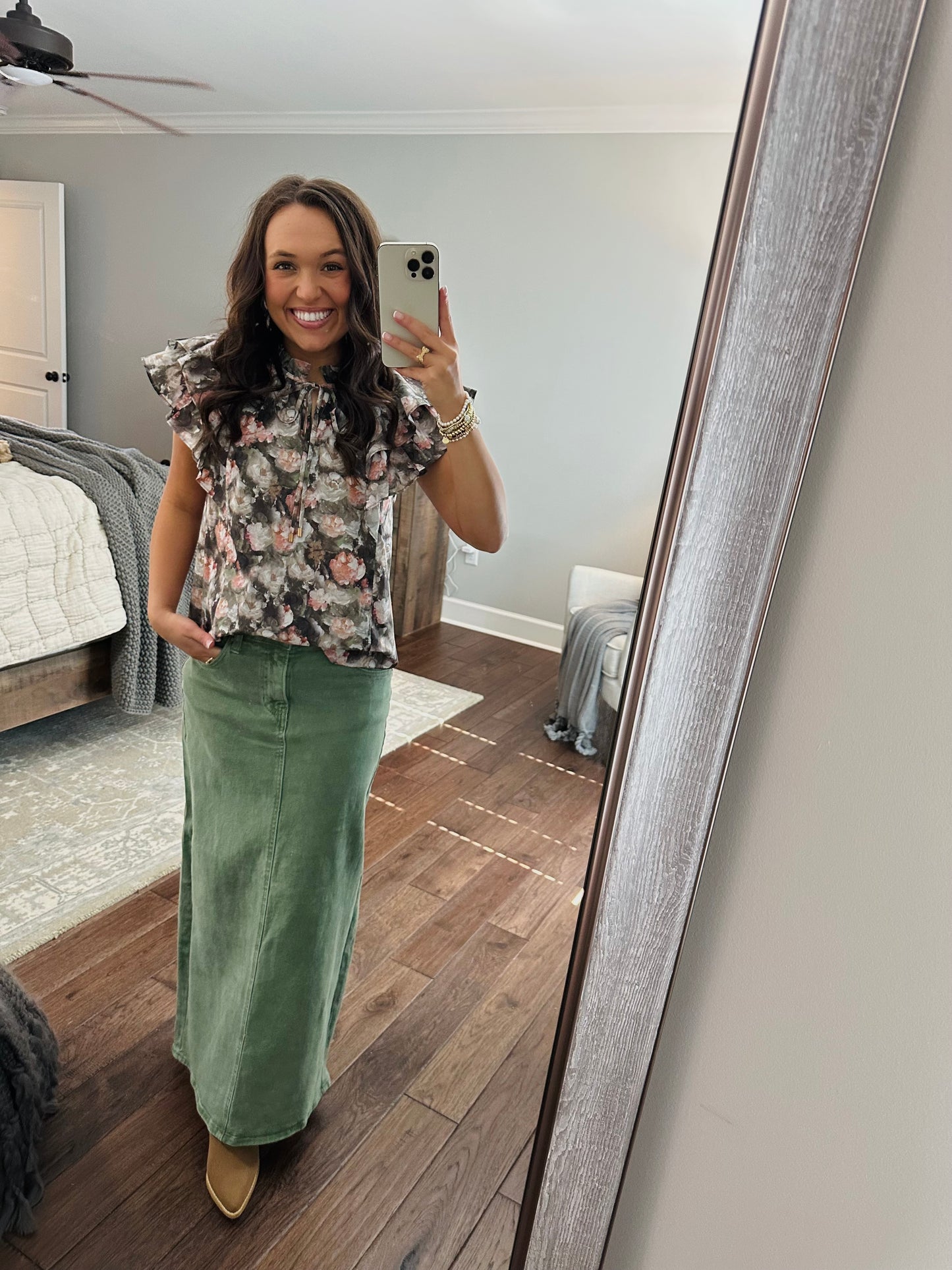 The Drew Olive Green Floral Top