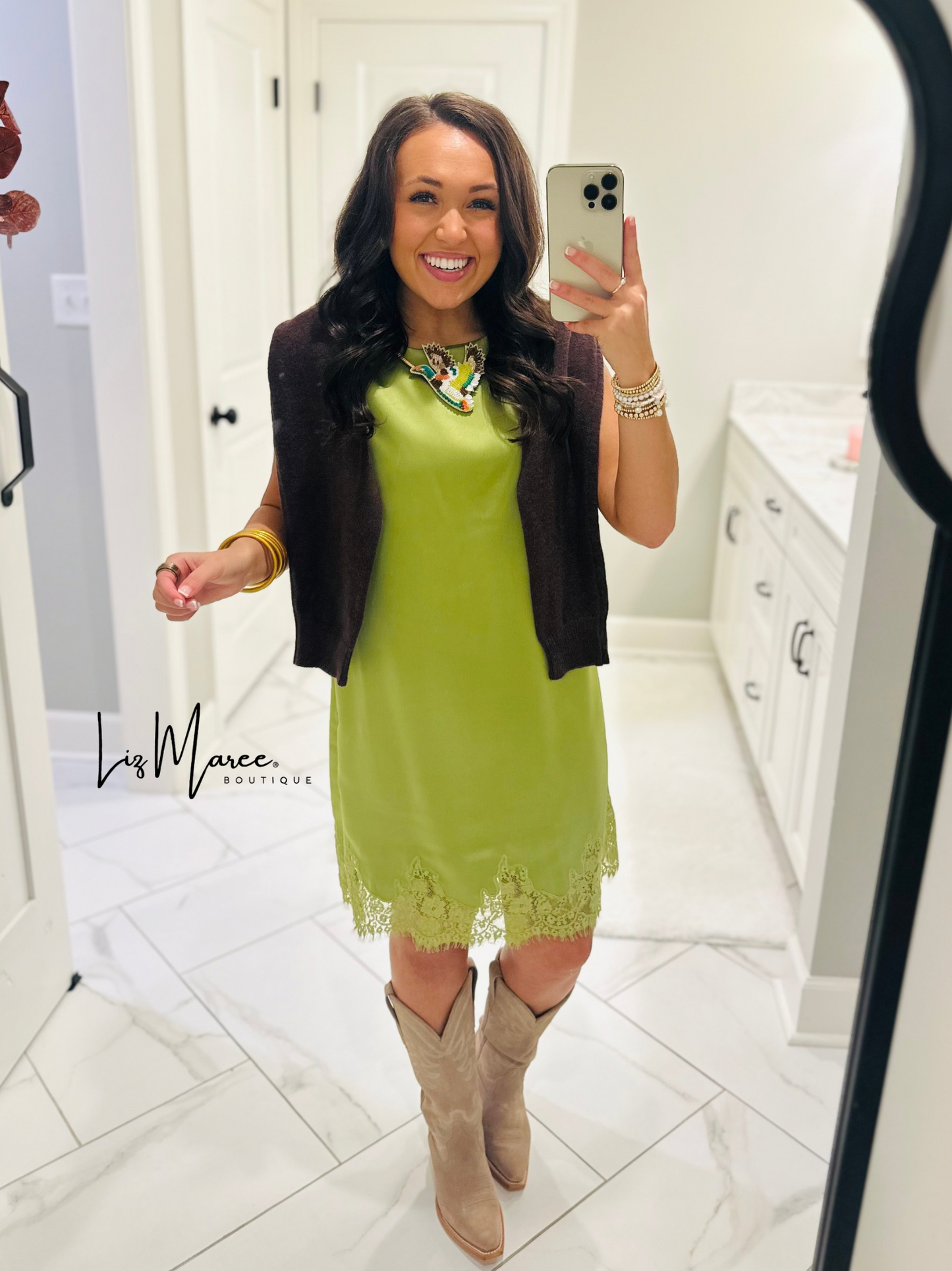 The Lola Olive Green Satin Lace Dress