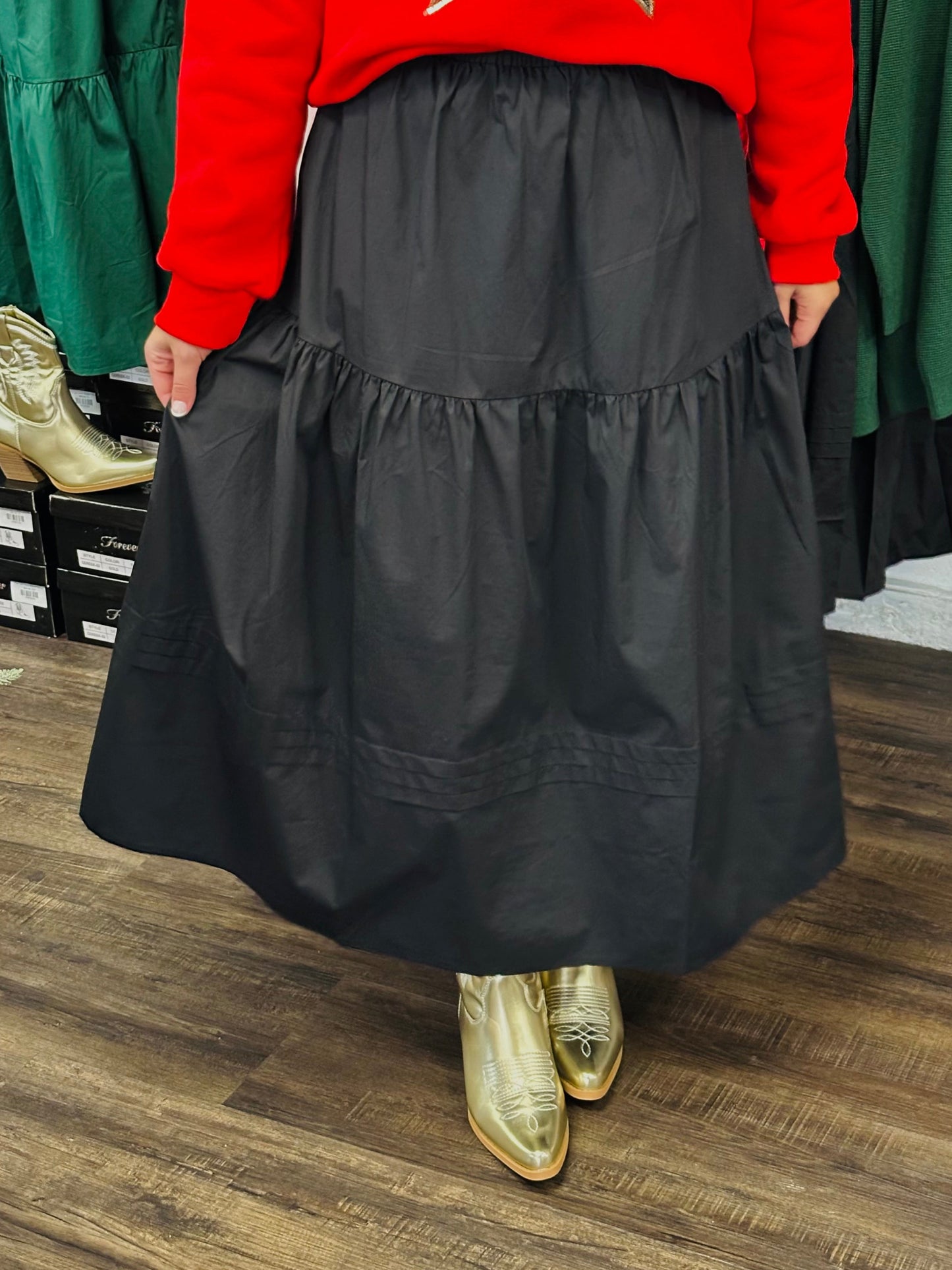 The Kelly Black Pleated Midi Skirt