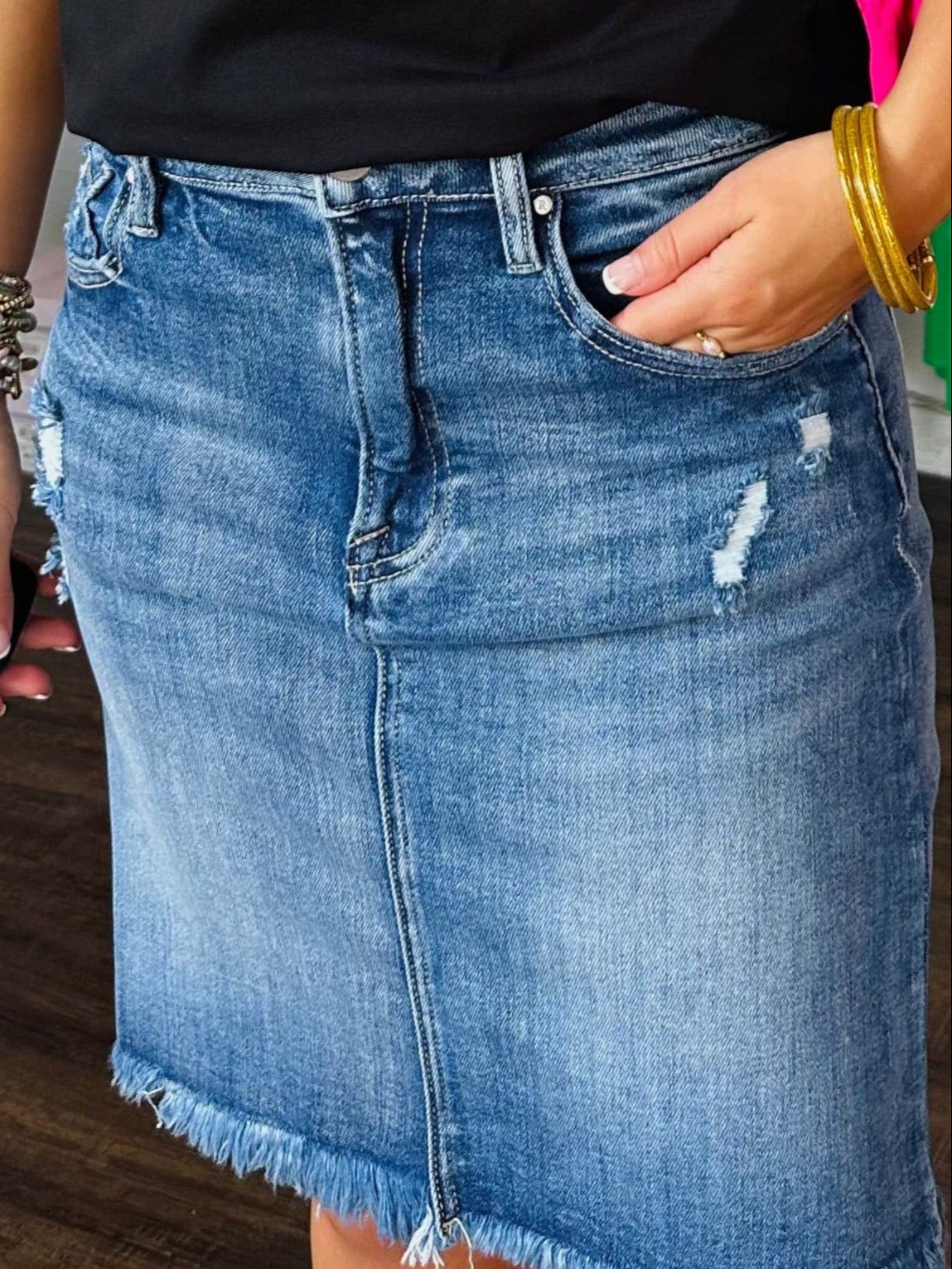 The High Rise Medium Short Frayed Hem Denim Skirt