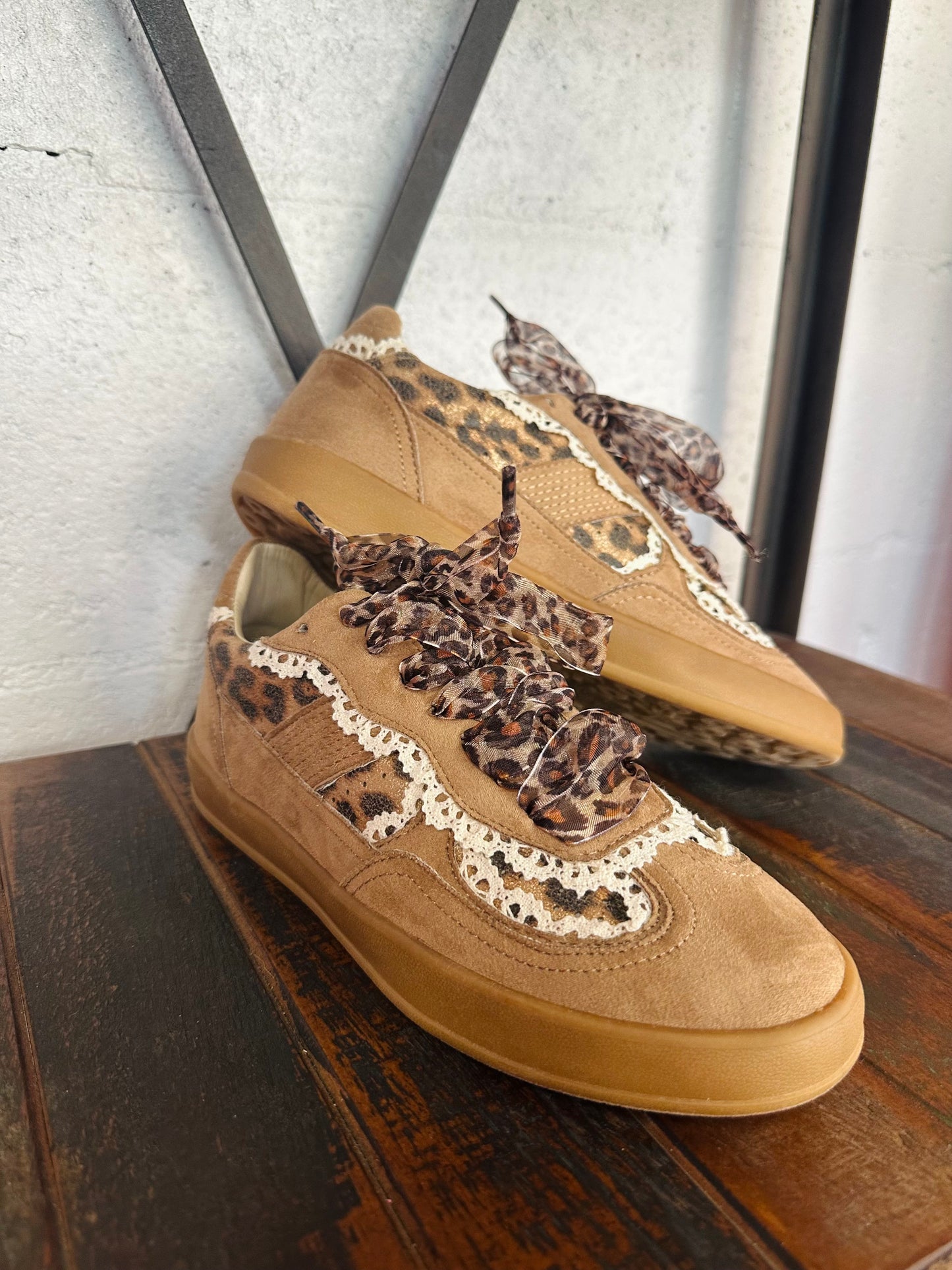 The Eleanor Camel Leopard Lace Trim Sneaker