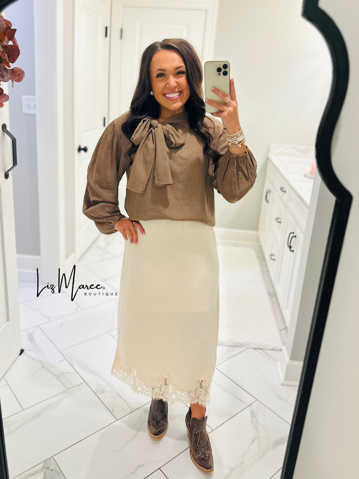 The Lorie Coco Brown Long Sleeve Bow Top