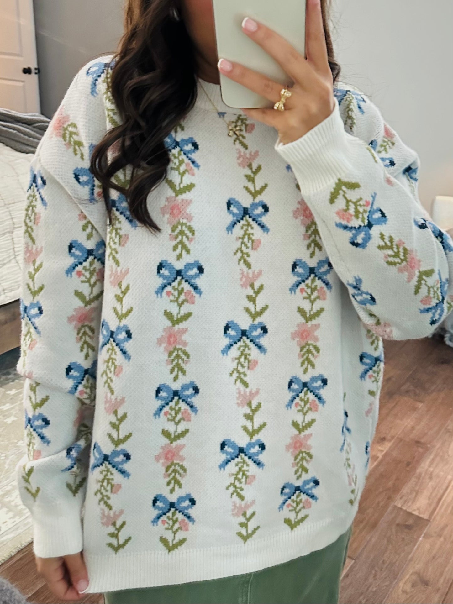 The White Coquette Ribbon Bow Floral Sweater
