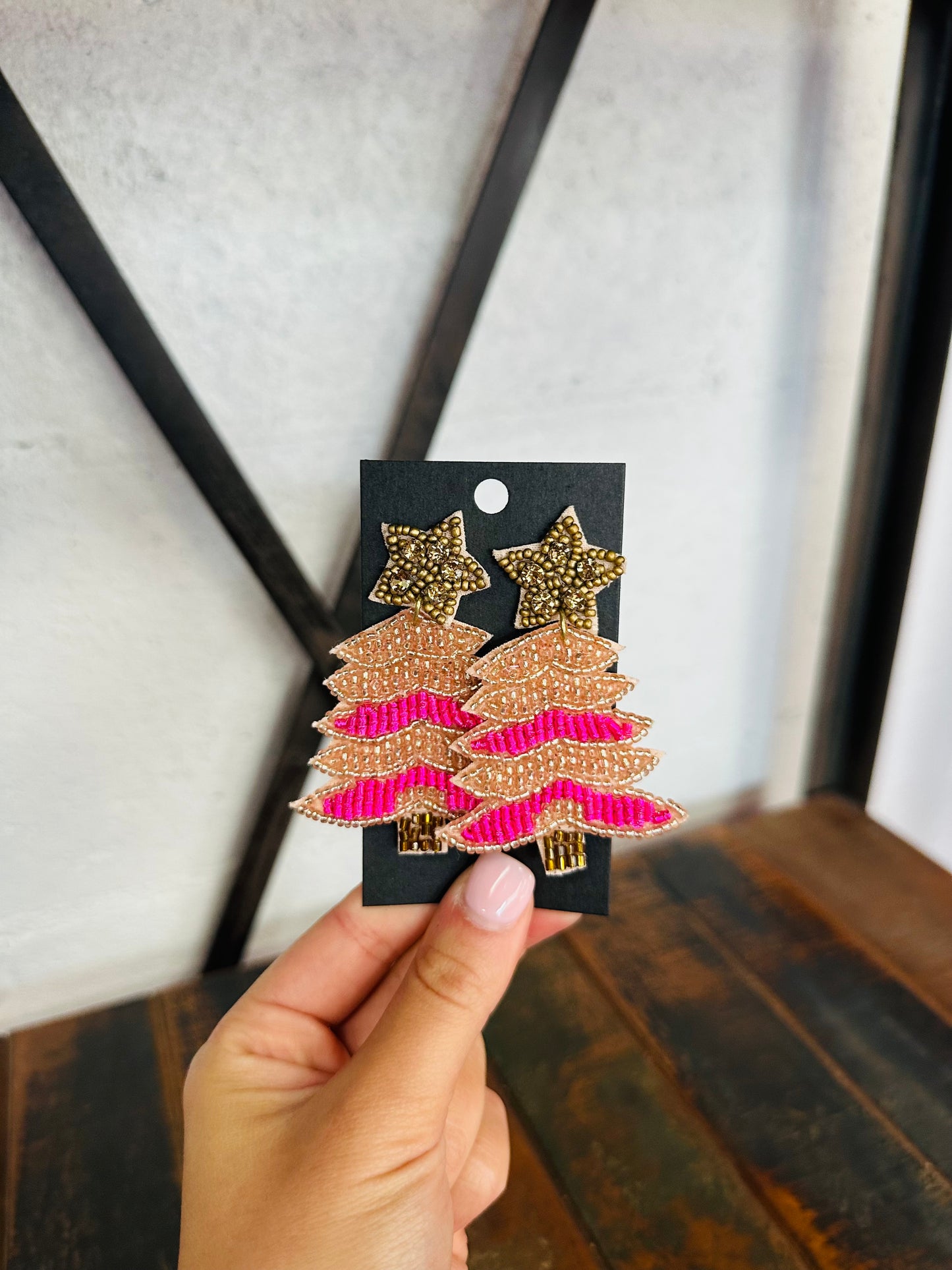 Brown + Pink Christmas Tree Beaded Earring