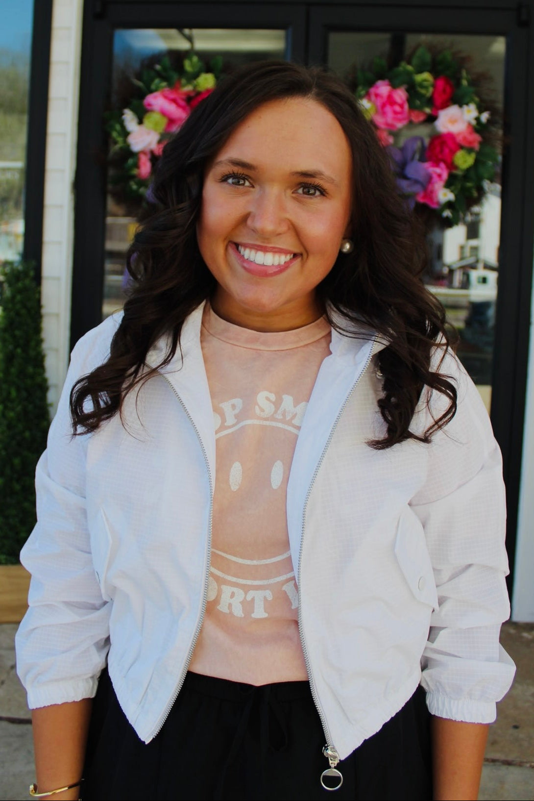 White Cropped Bomber Jacket