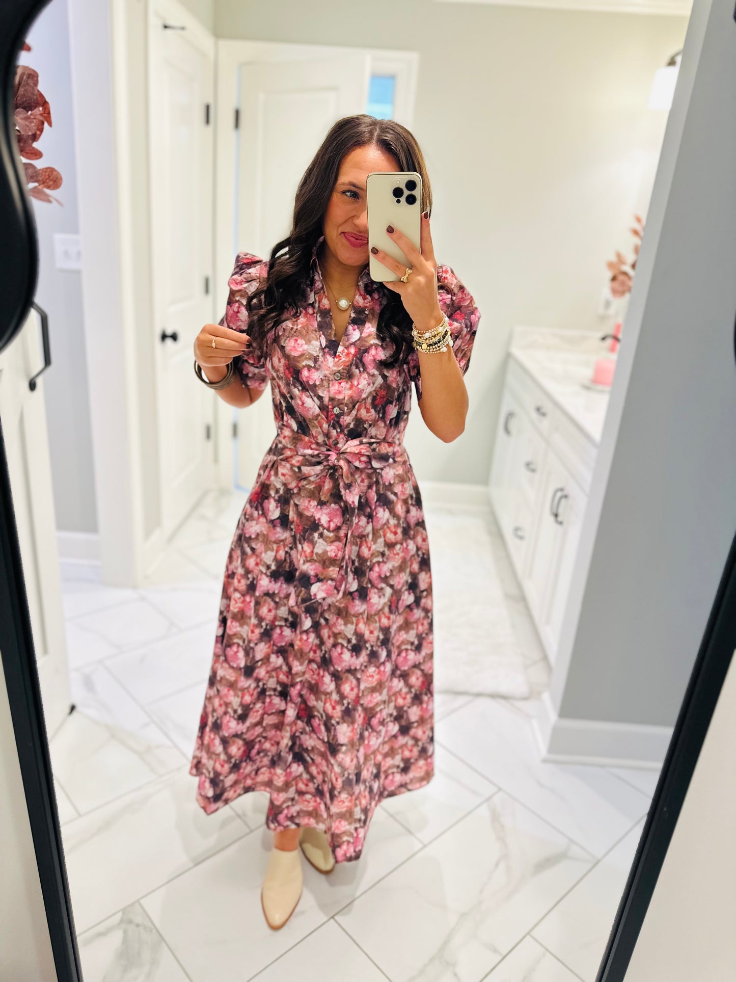 The Maggie Pink + Brown Floral Midi Dress