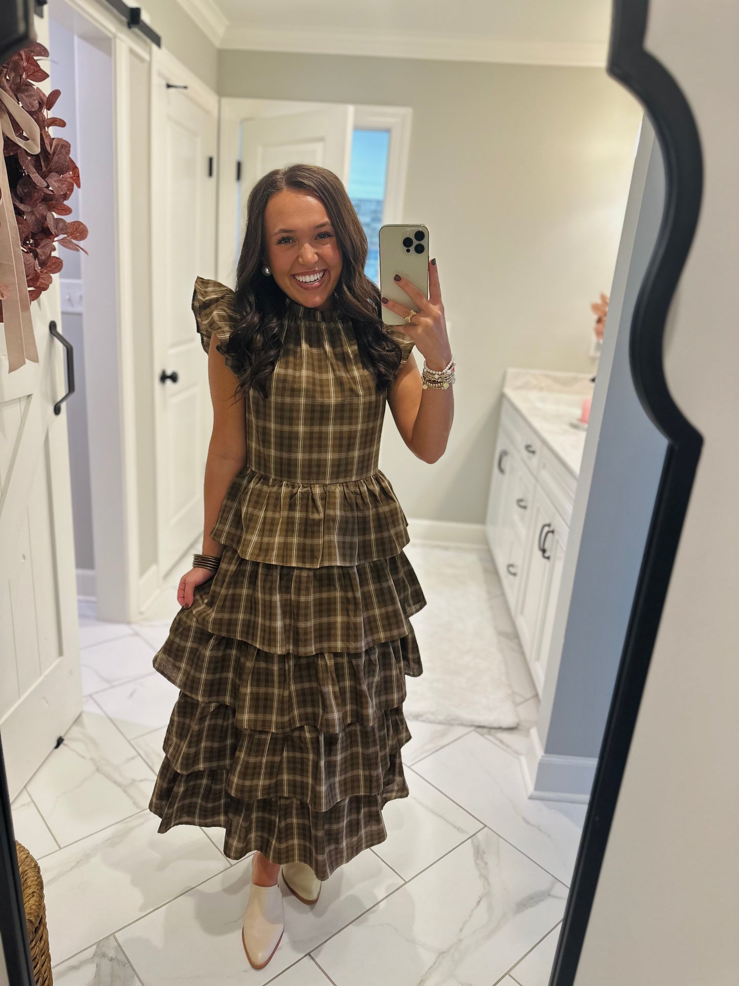 The Timber Brown Plaid Ruffle Tiered Midi Dress