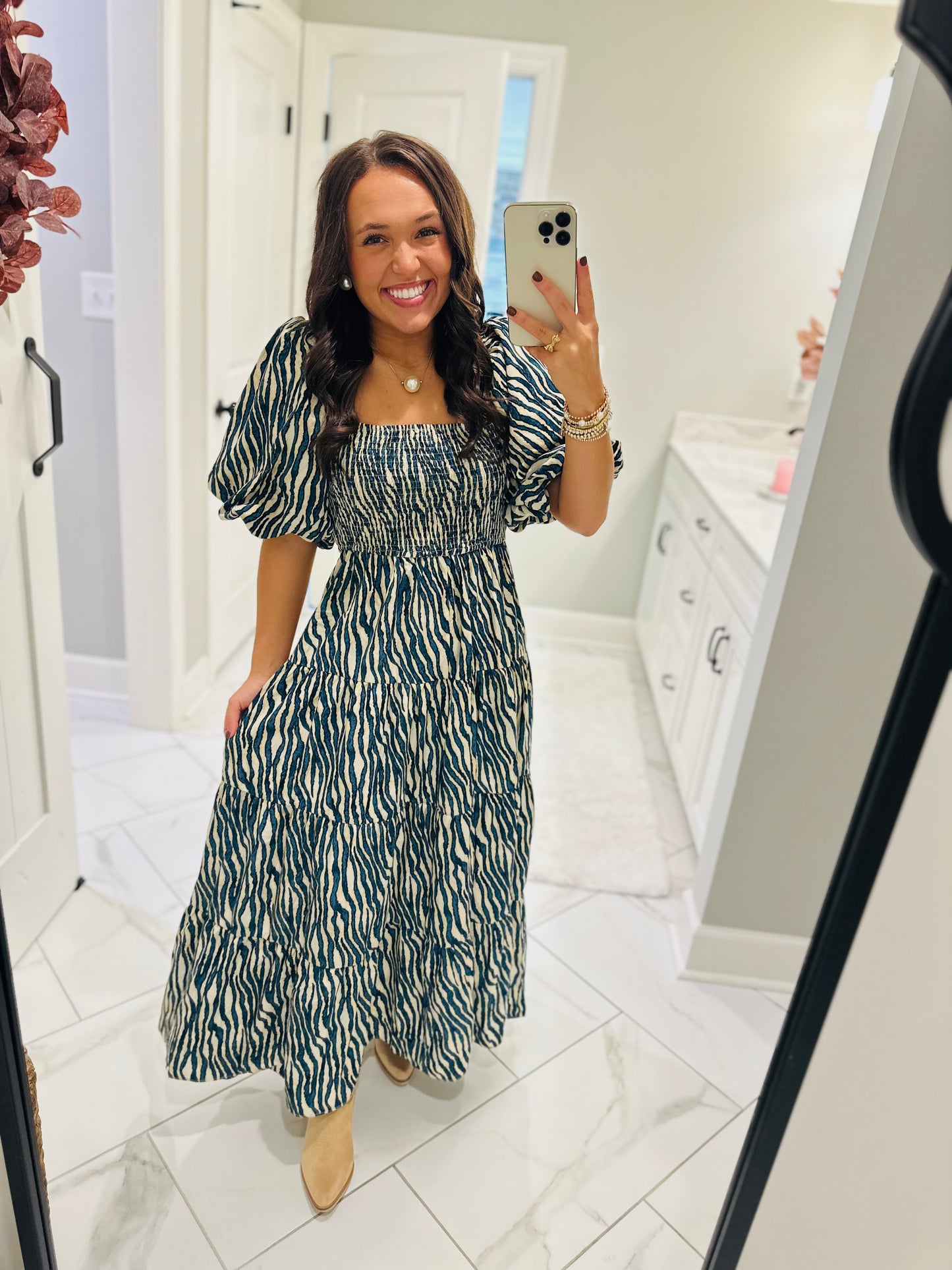 The Gracie Teal Smocked Midi Dress
