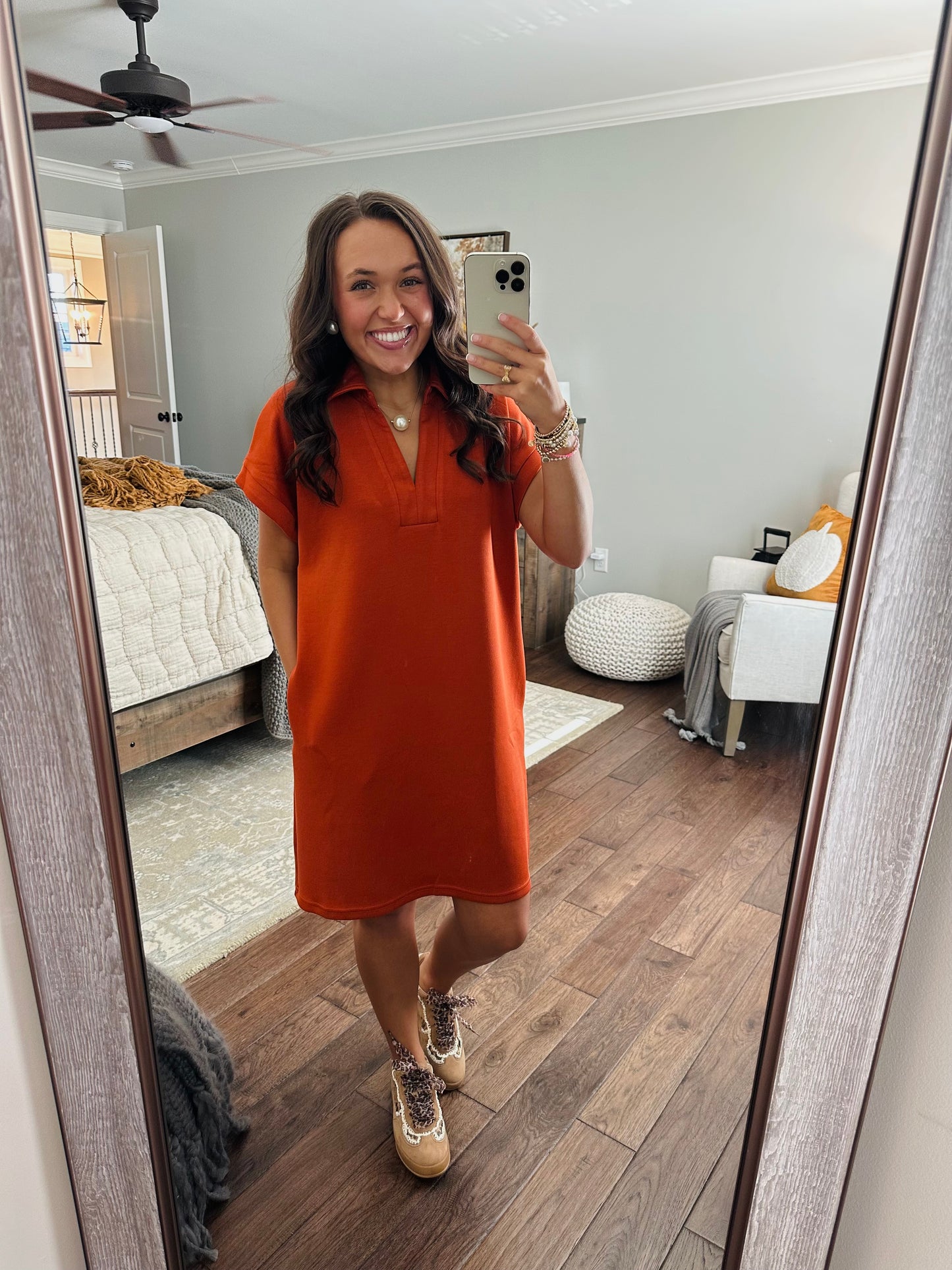 The Briar Burnt Orange V-neck Shift Dress
