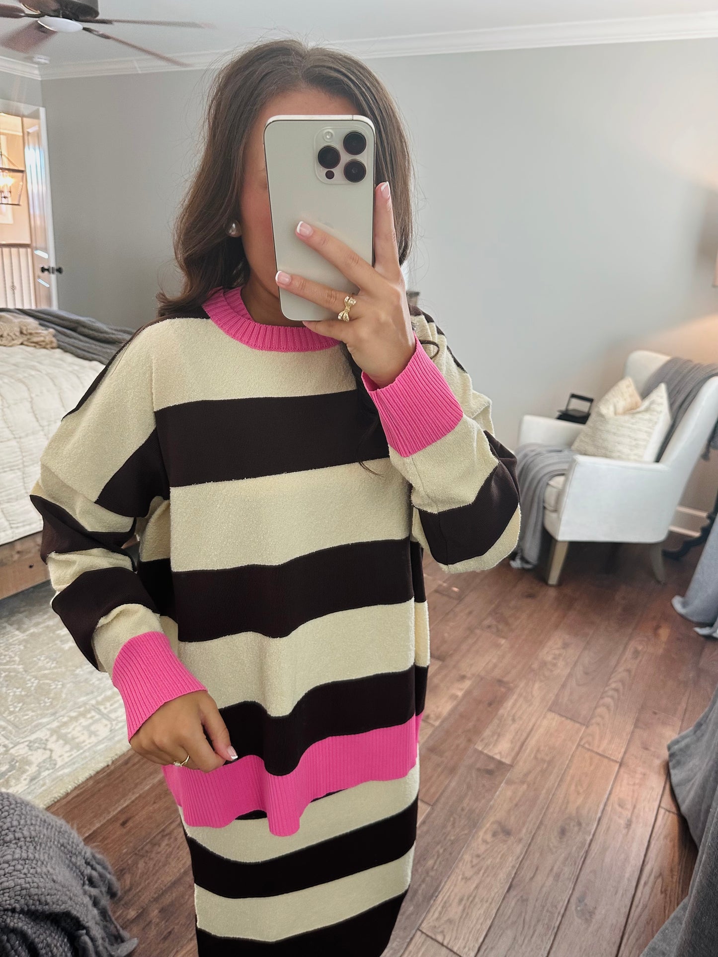 The Everlee Pink + Cream Striped Knit Sweater Top