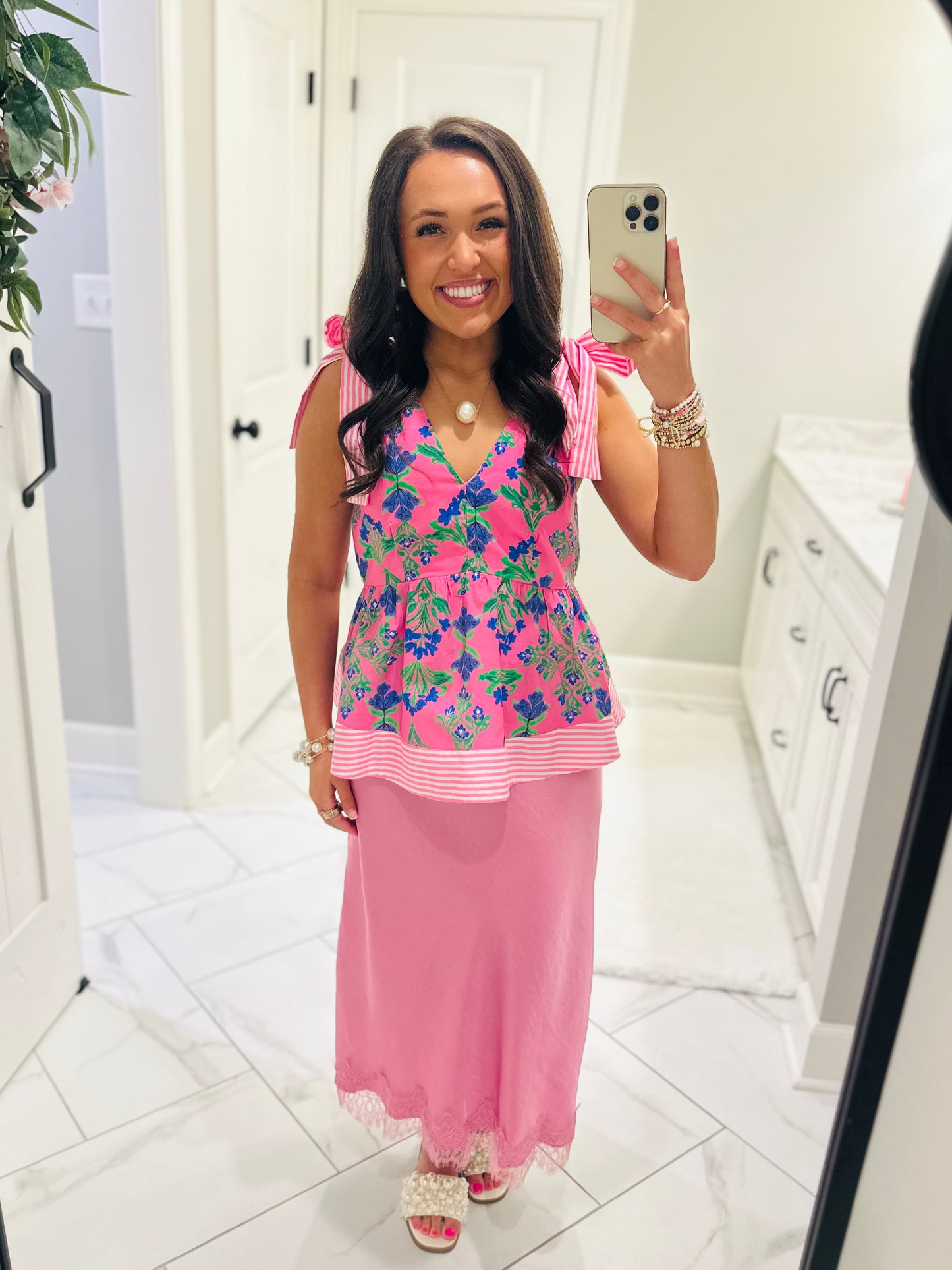 The Rory Pink Botanical Shoulder Bow Top