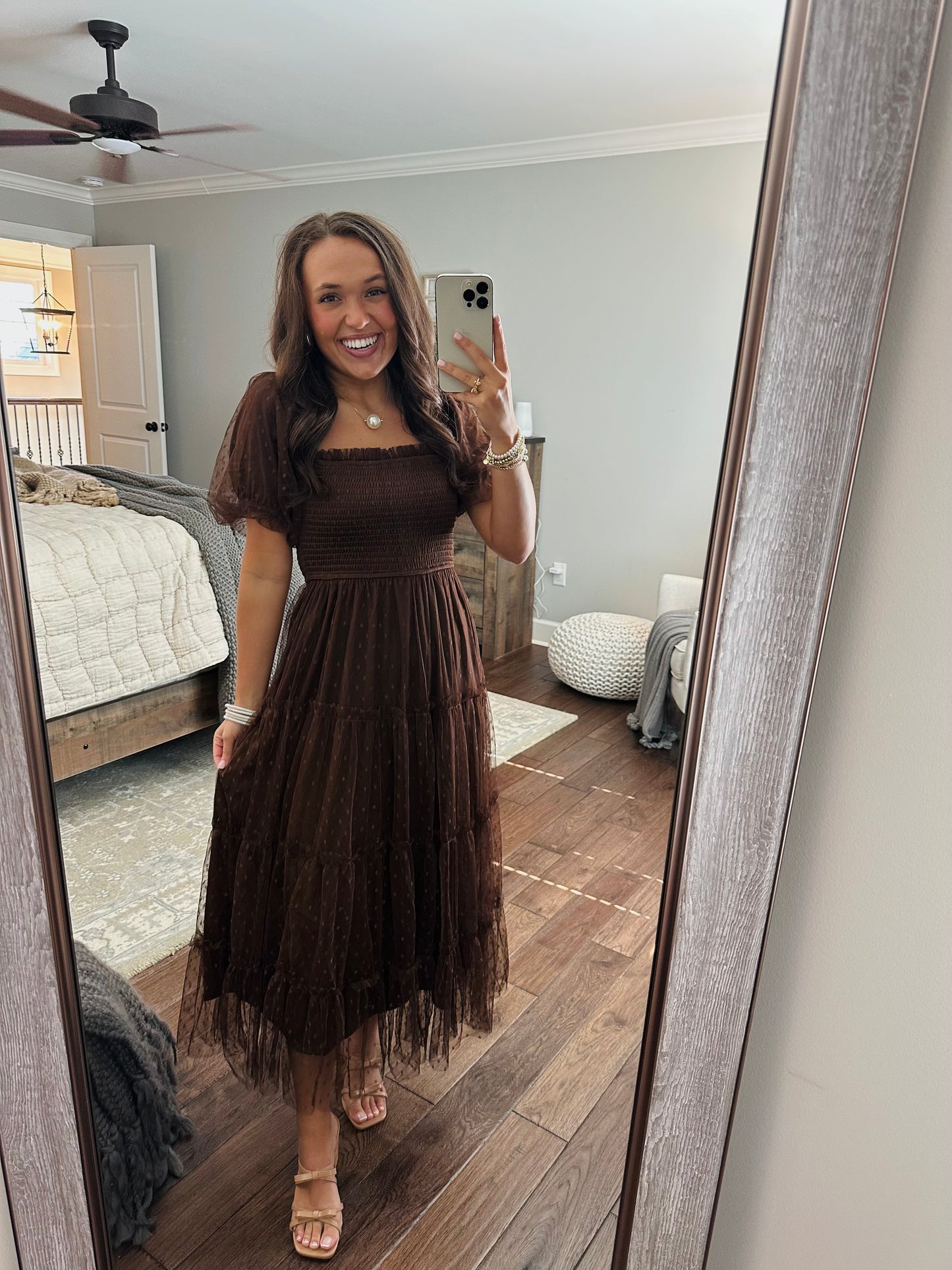 The Autumn Brown Polka Dot Chiffon Puff Sleeve Midi Dress