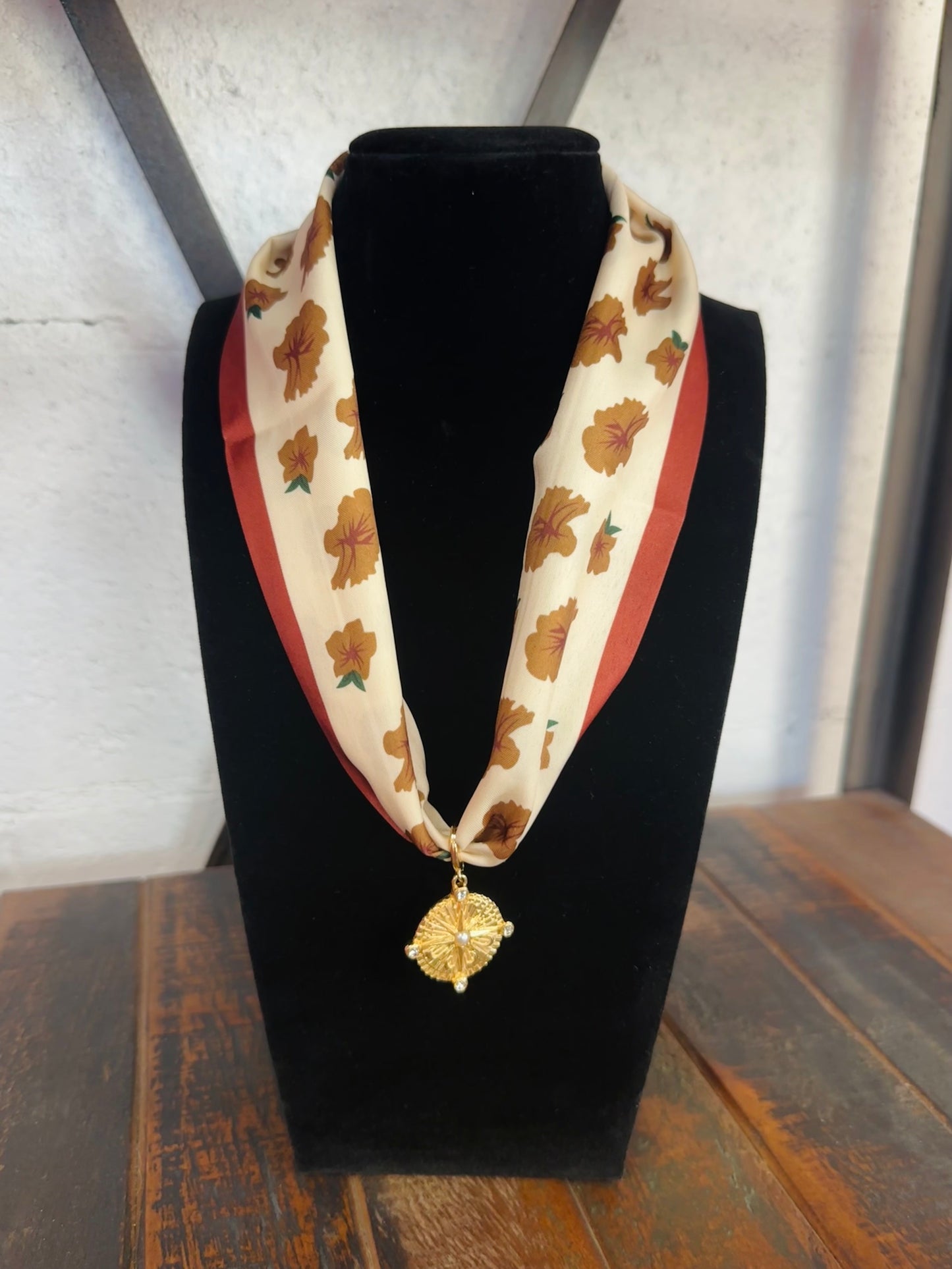 Brown Floral Silk Scarf + Gold Pendant Necklace