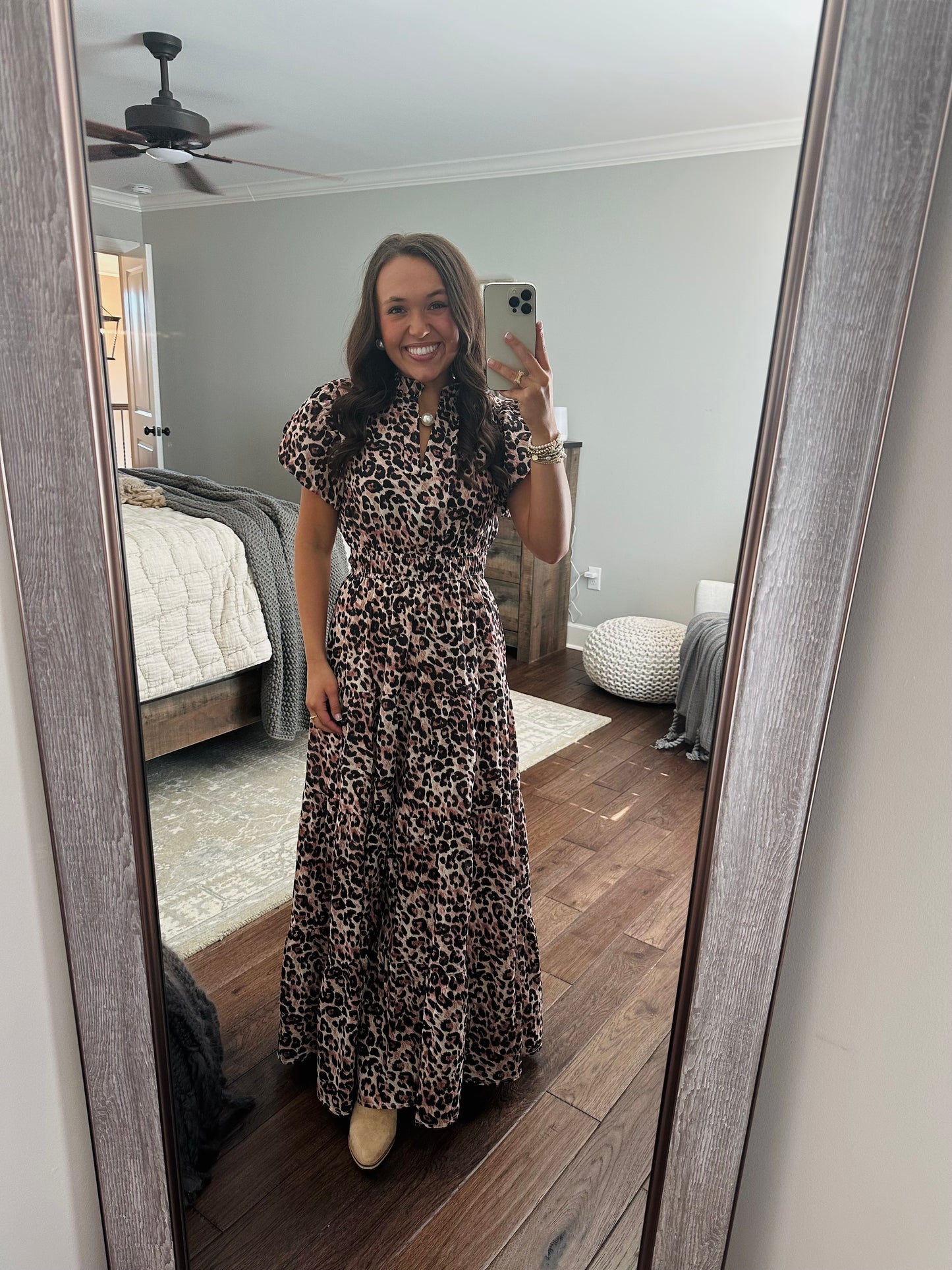 The Elizabeth Leopard Print Puff Sleeve Midi Dress