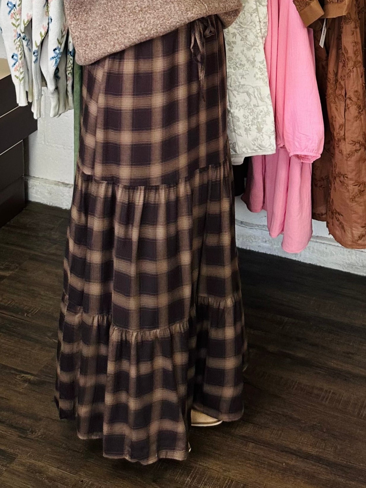 The Ember Brown Plaid Tiered Maxi Skirt
