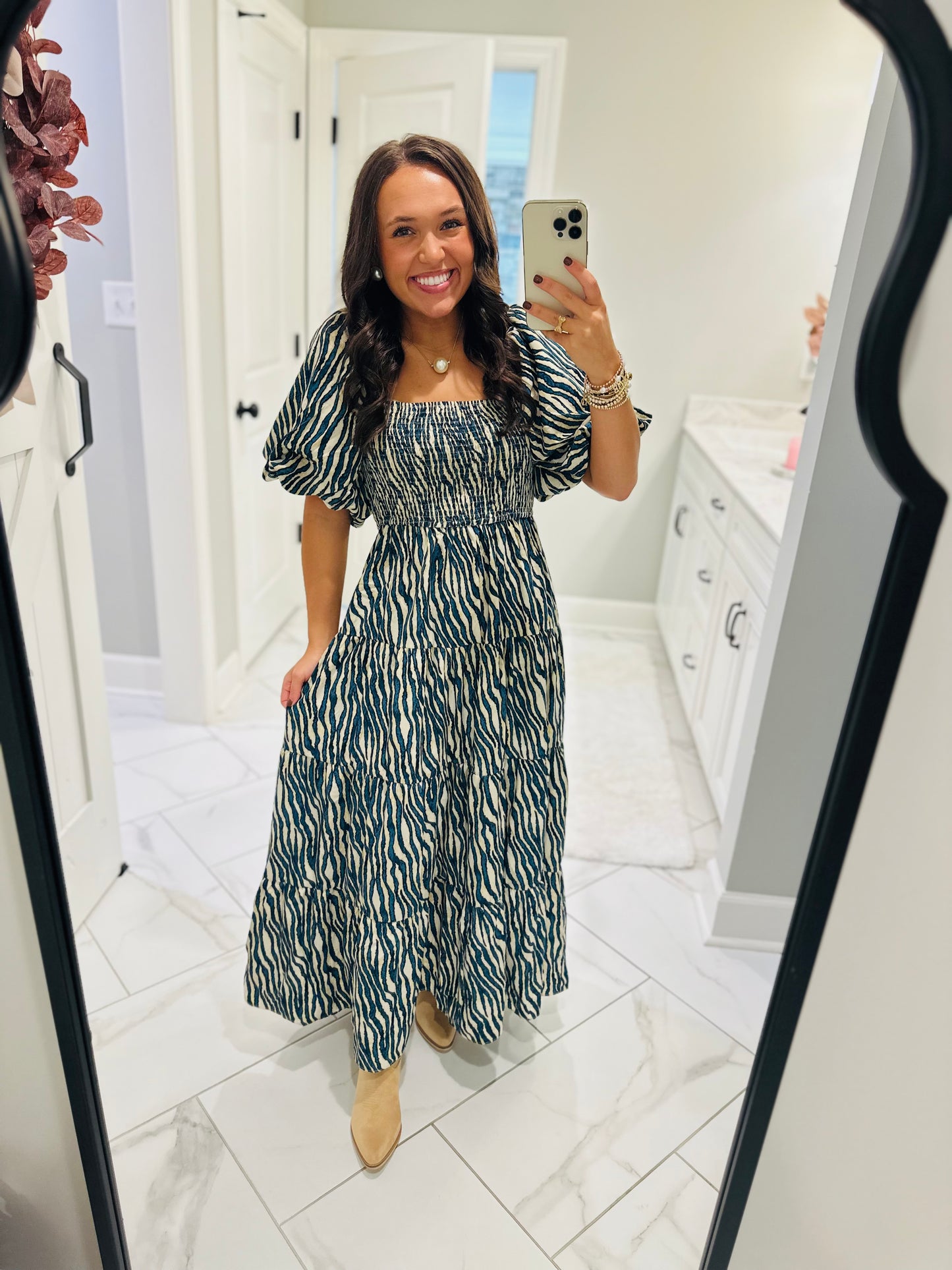 The Gracie Teal Smocked Midi Dress