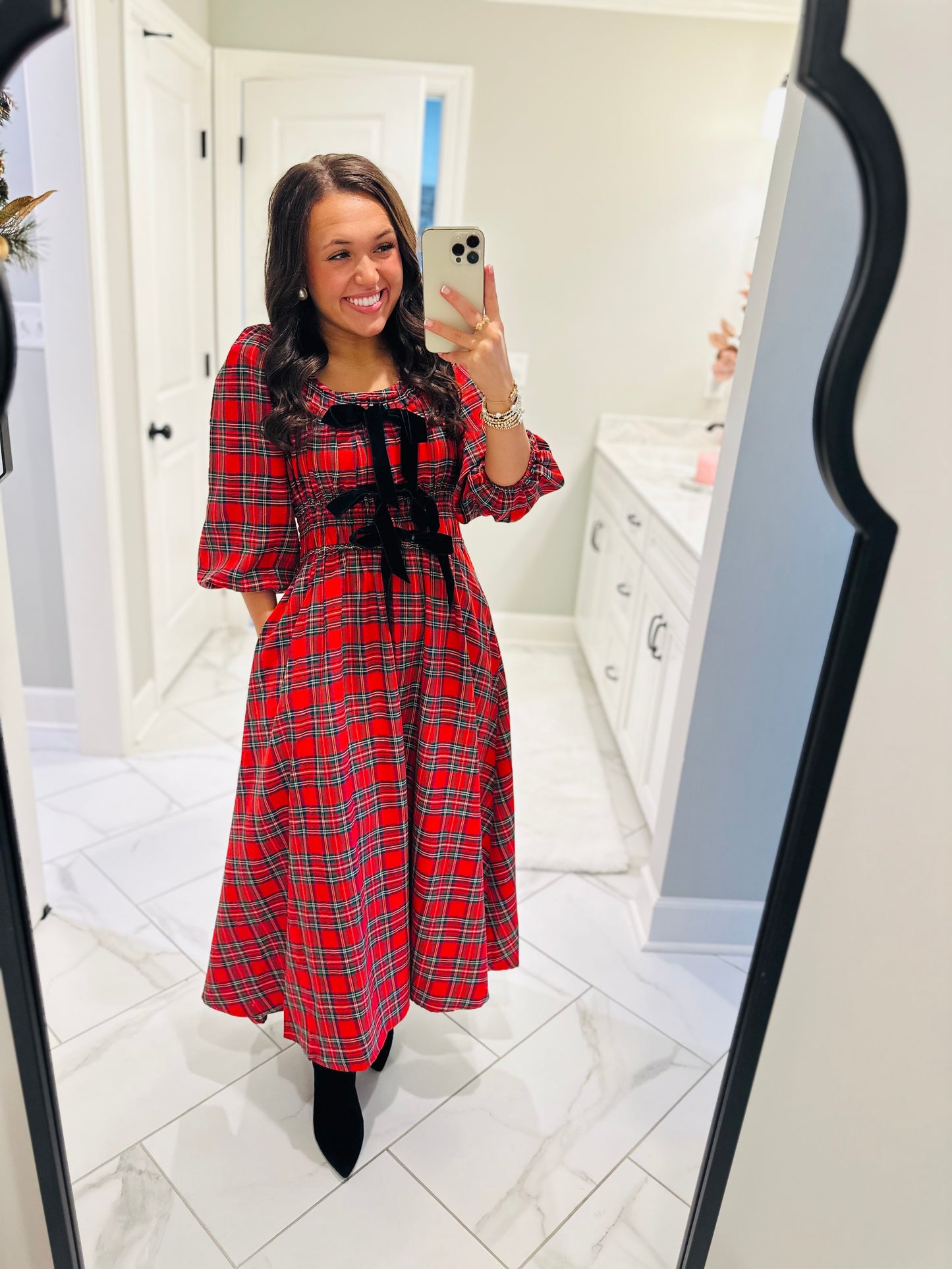 The Eve Red Holiday Plaid Bow Midi Dress