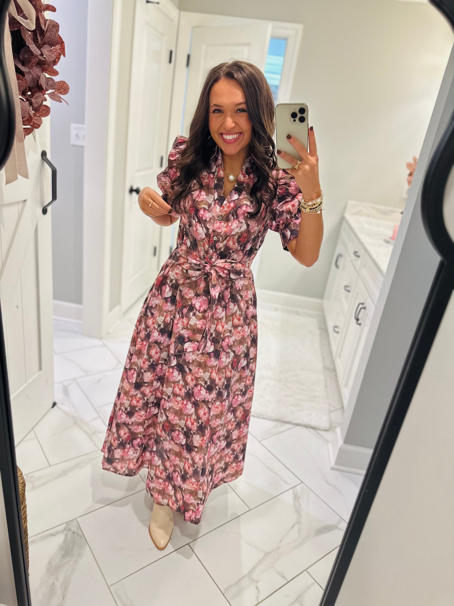 The Maggie Pink + Brown Floral Midi Dress