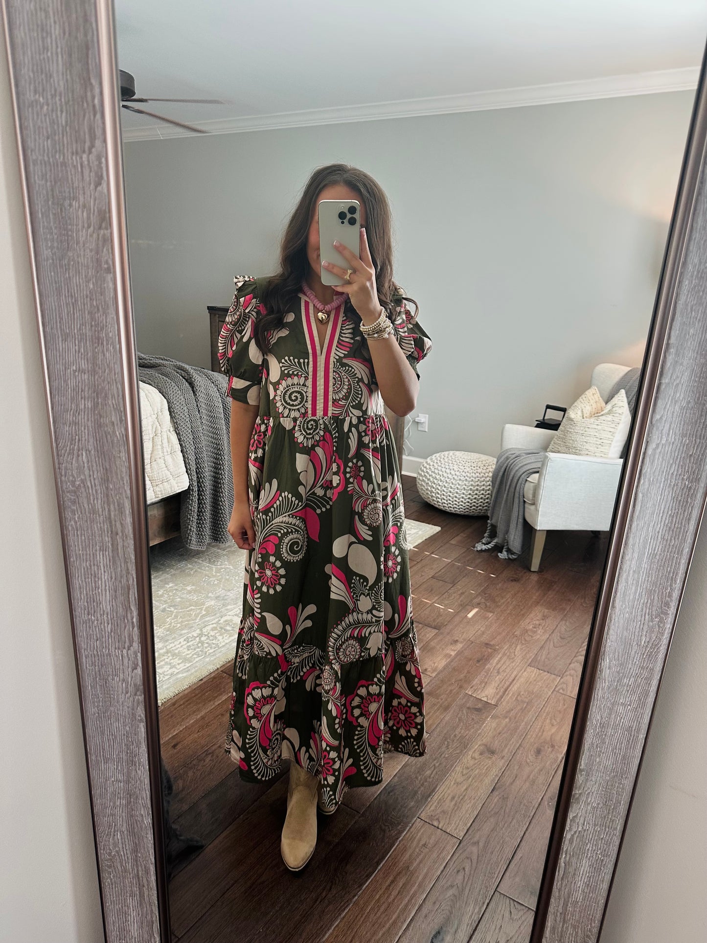 The Anne Olive Green + Pink Midi Dress