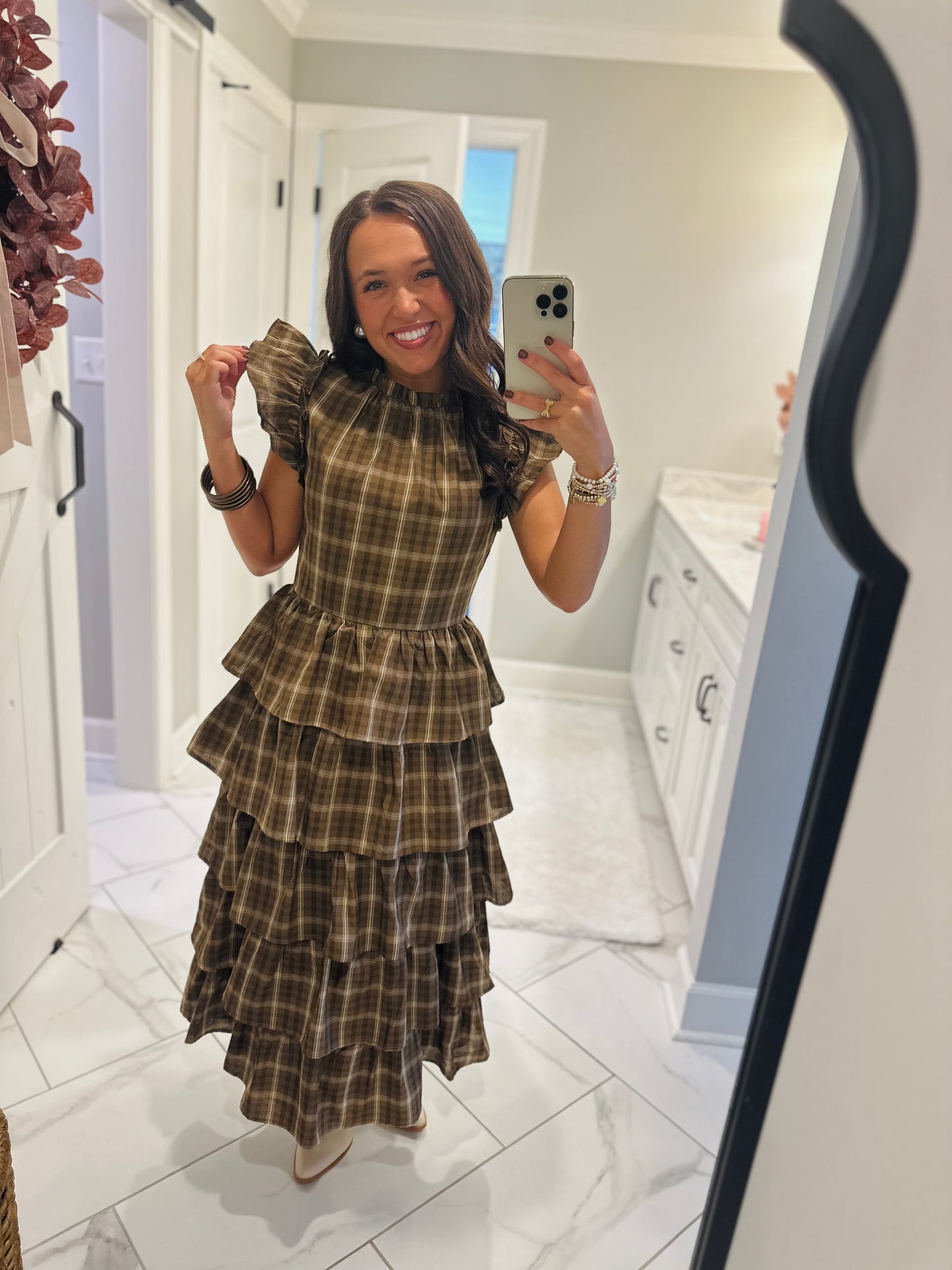 The Timber Brown Plaid Ruffle Tiered Midi Dress