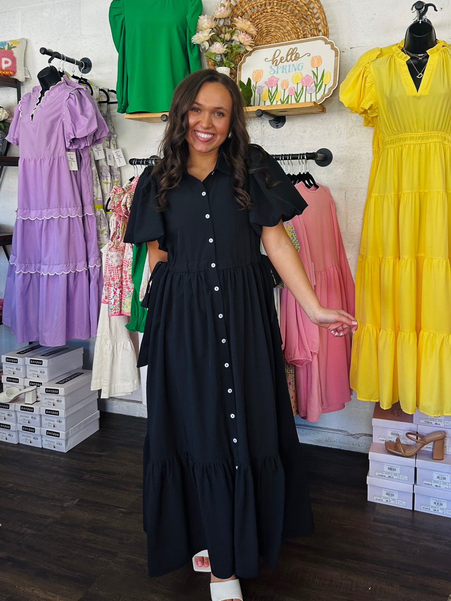 The Cali Black Button Front Midi Dress