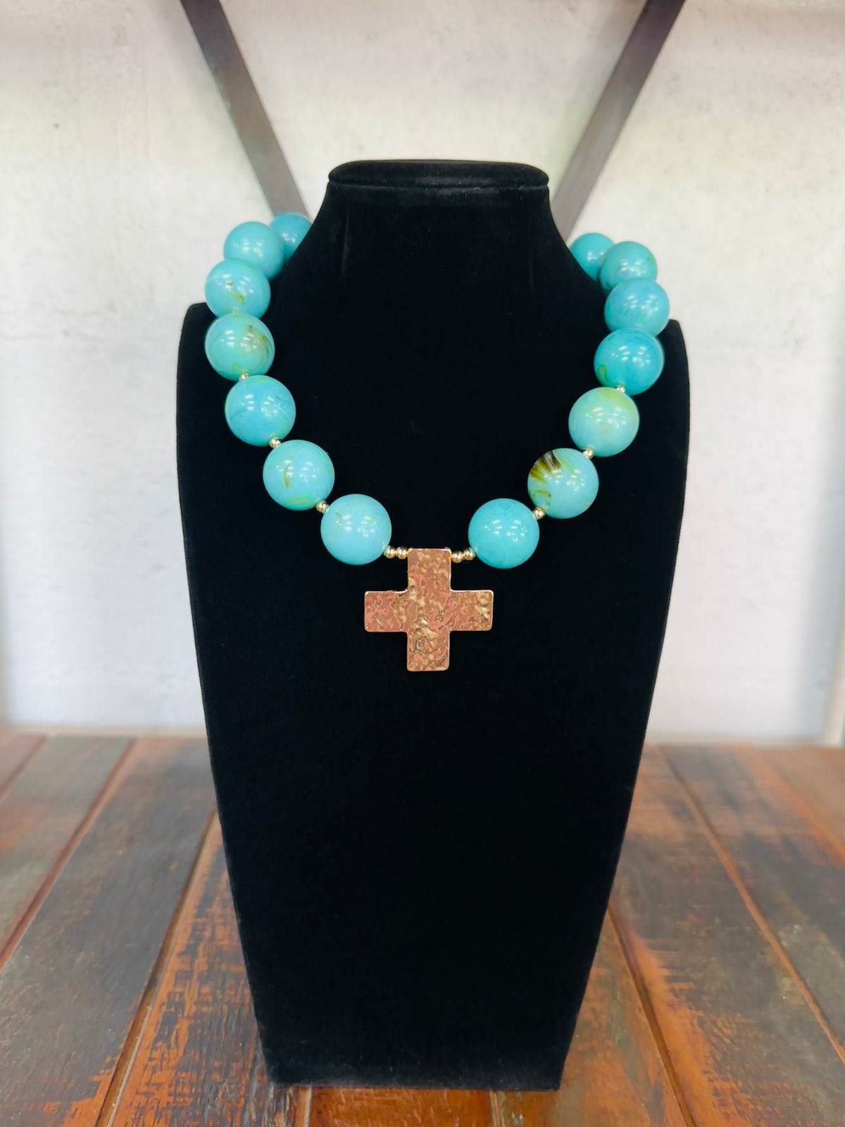 Turquoise + Gold Cross Pendant Marble Ball Necklace