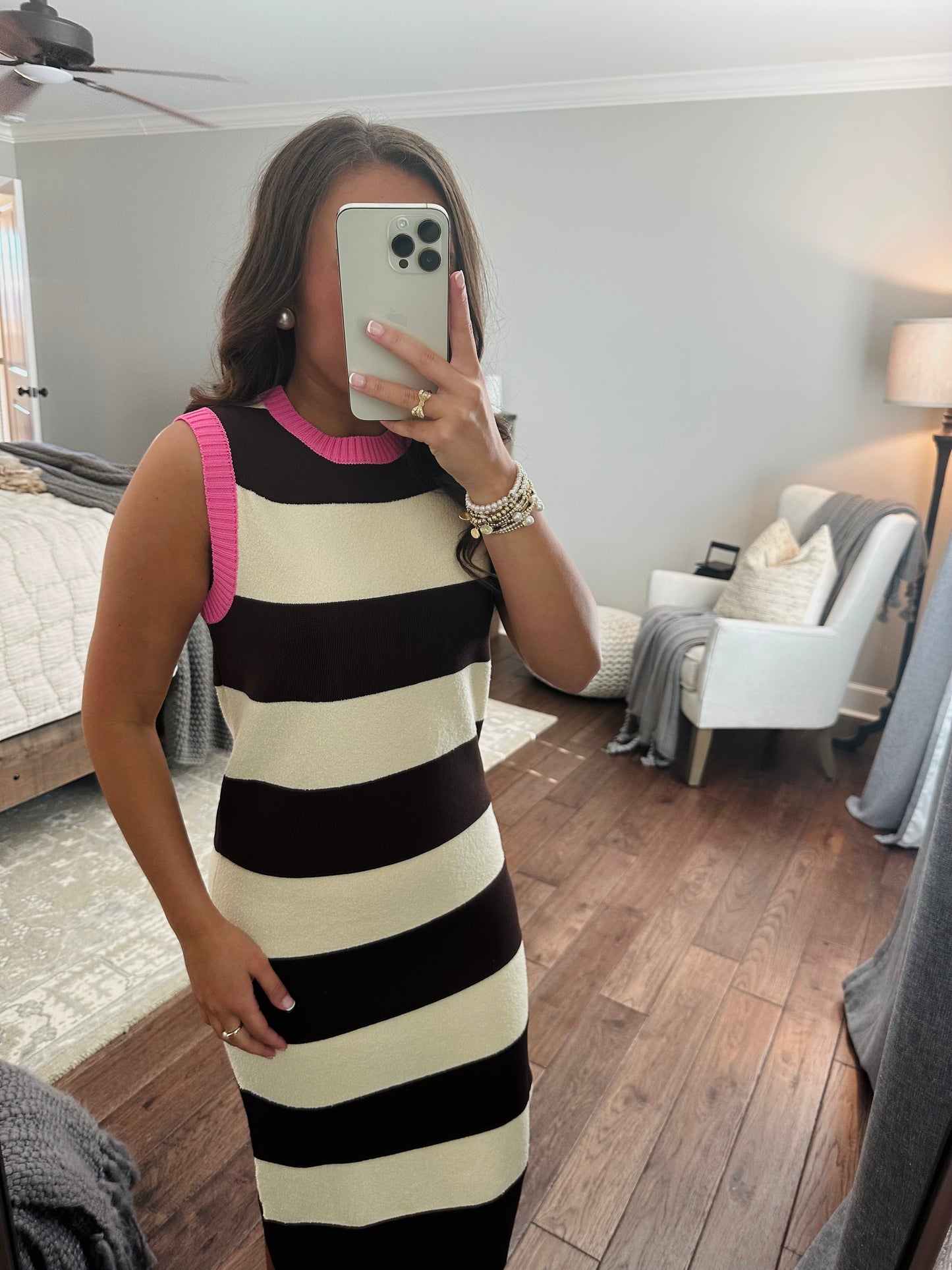 The Everlee Pink + Cream Striped Knit Midi Dress