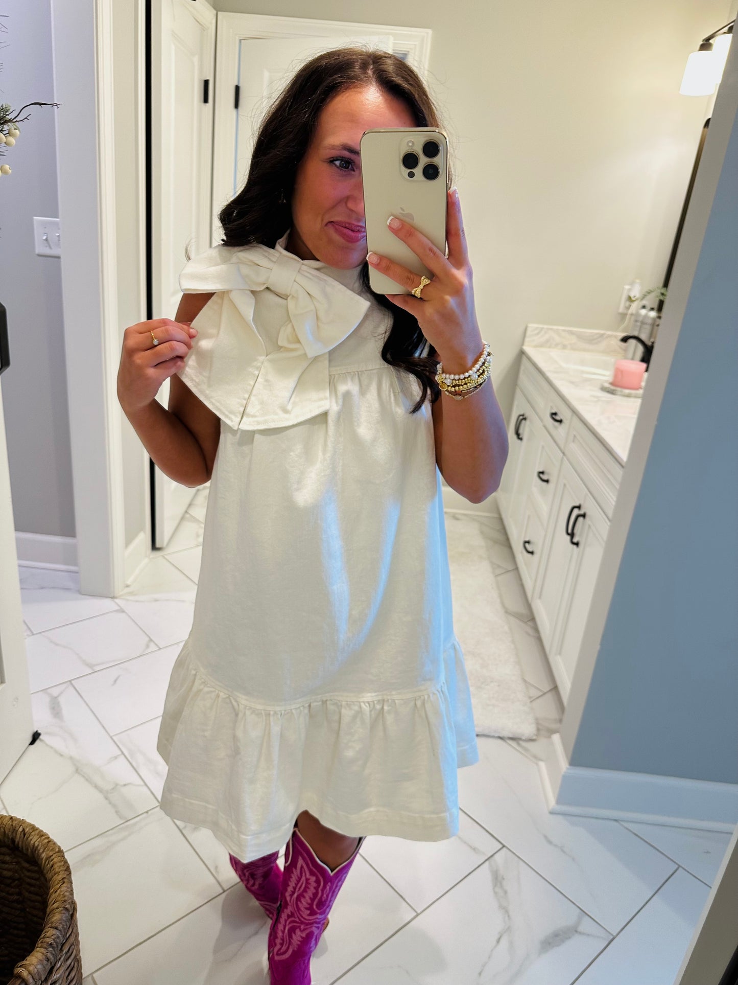 The Pearl Bow Denim Dress
