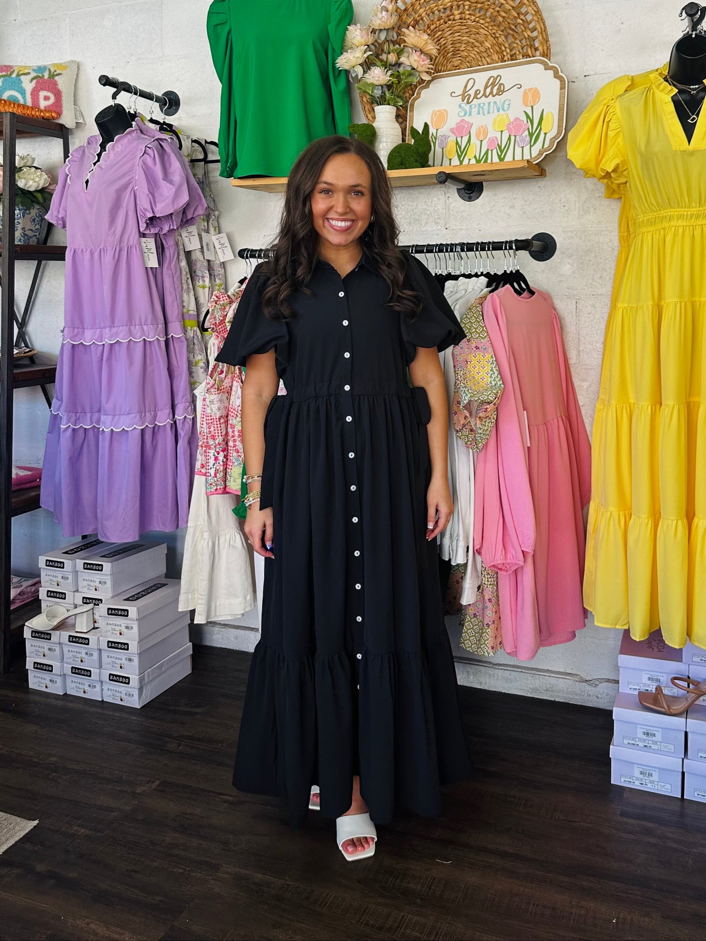 The Cali Black Button Front Midi Dress
