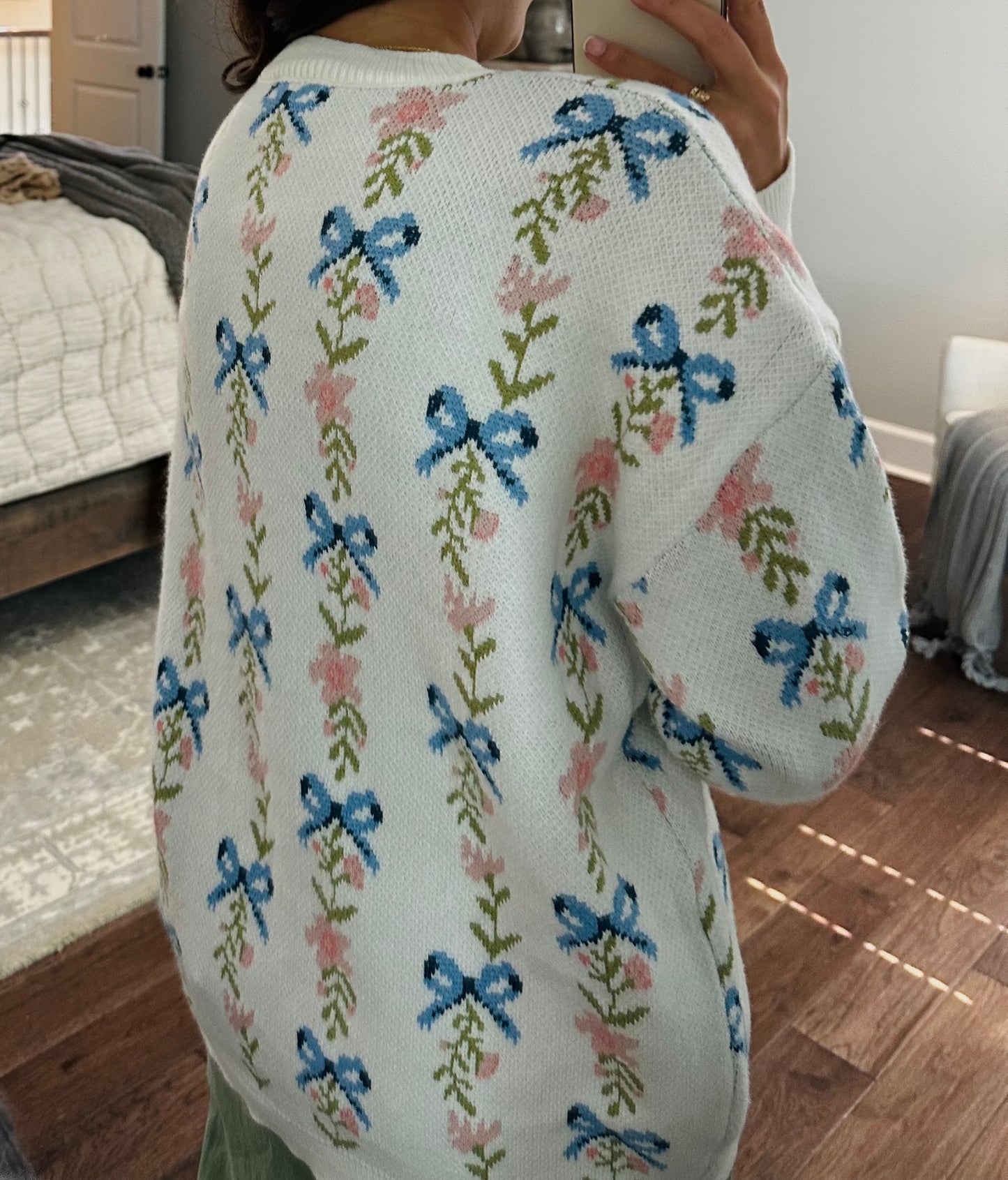 The White Coquette Ribbon Bow Floral Sweater
