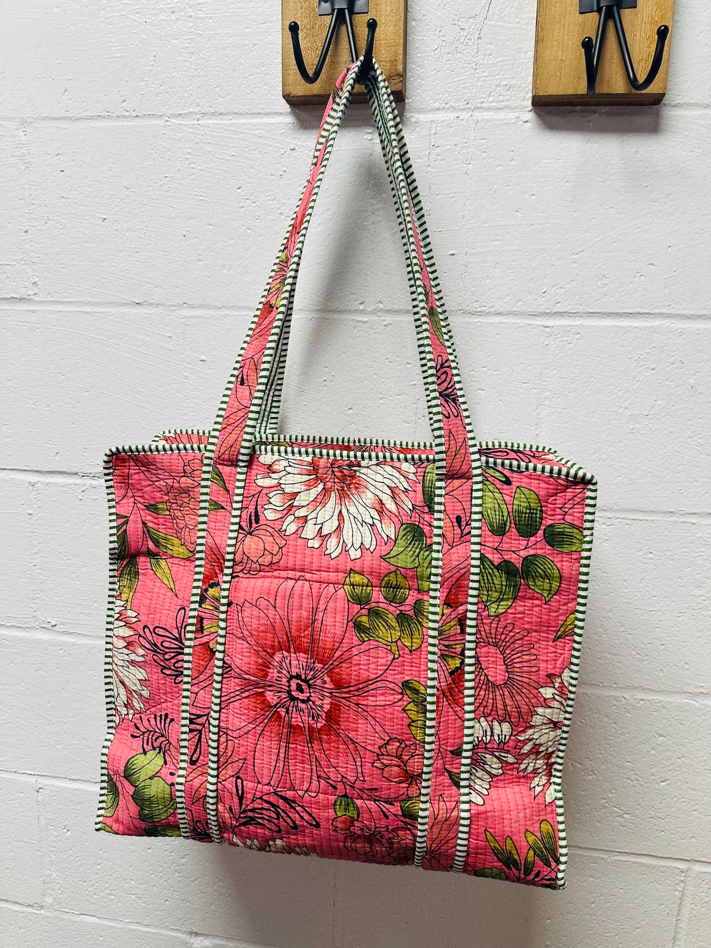 The Coral Pink Flower Power Quilted Tote Bag