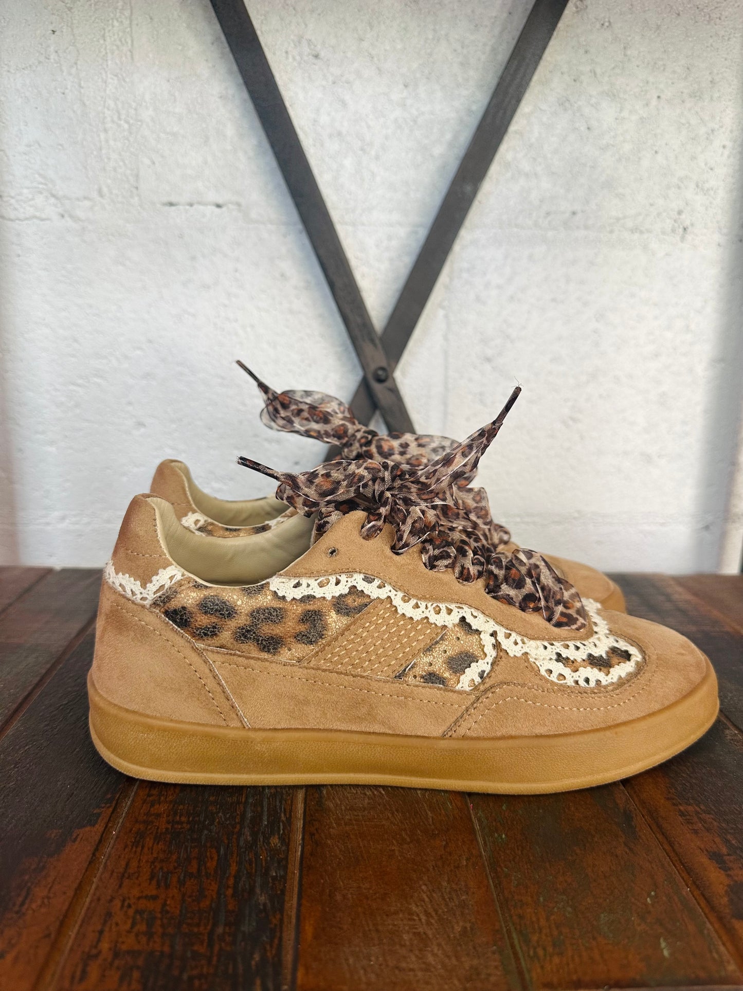 The Eleanor Camel Leopard Lace Trim Sneaker