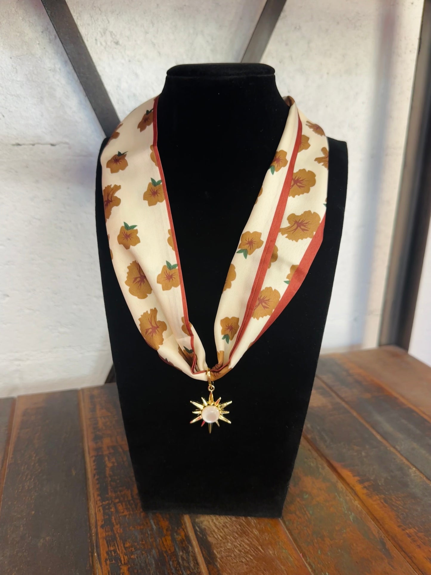 Brown Floral Silk Scarf + Gold Pendant Necklace