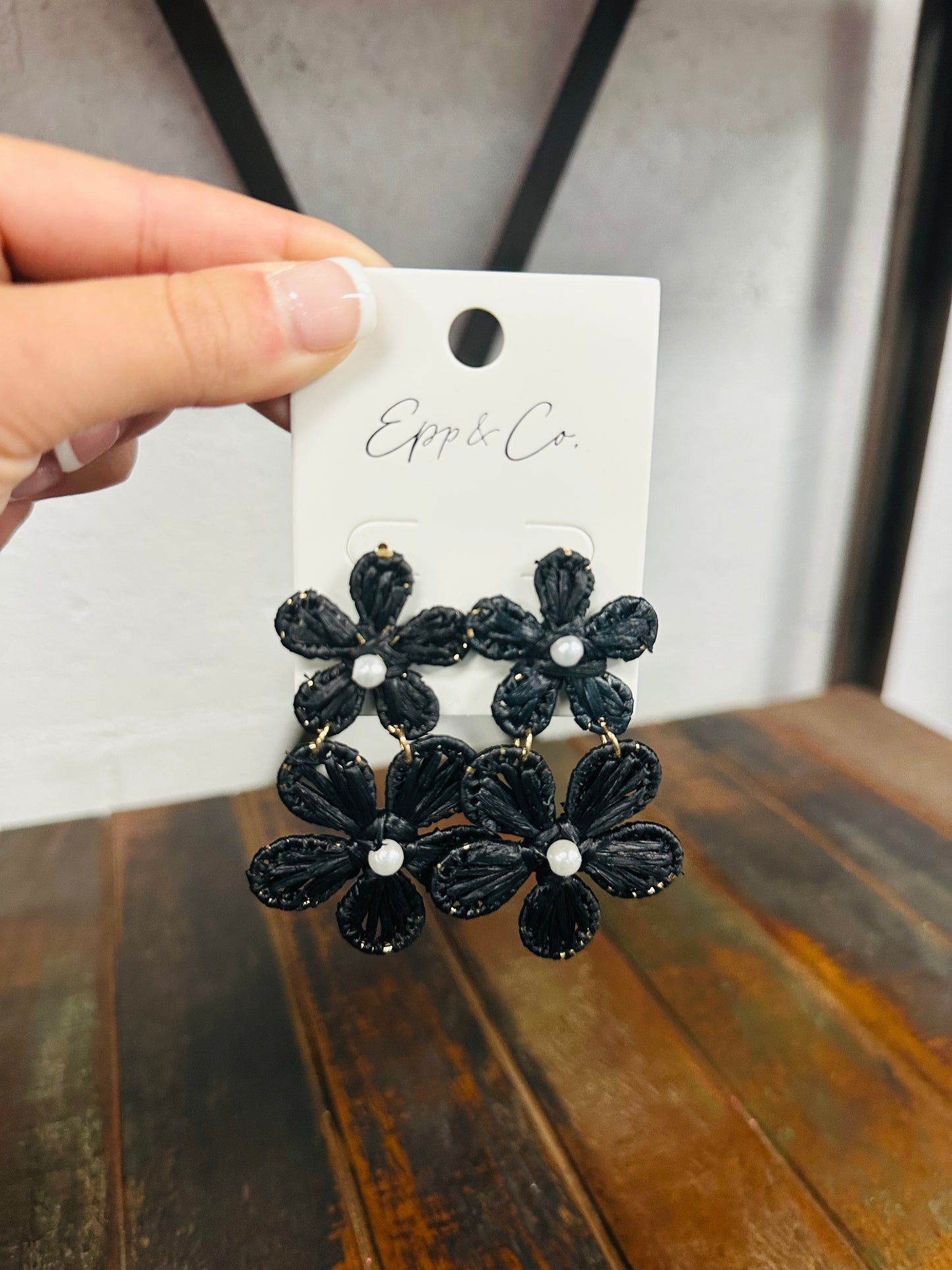 Black Double Raffia Flower Drops