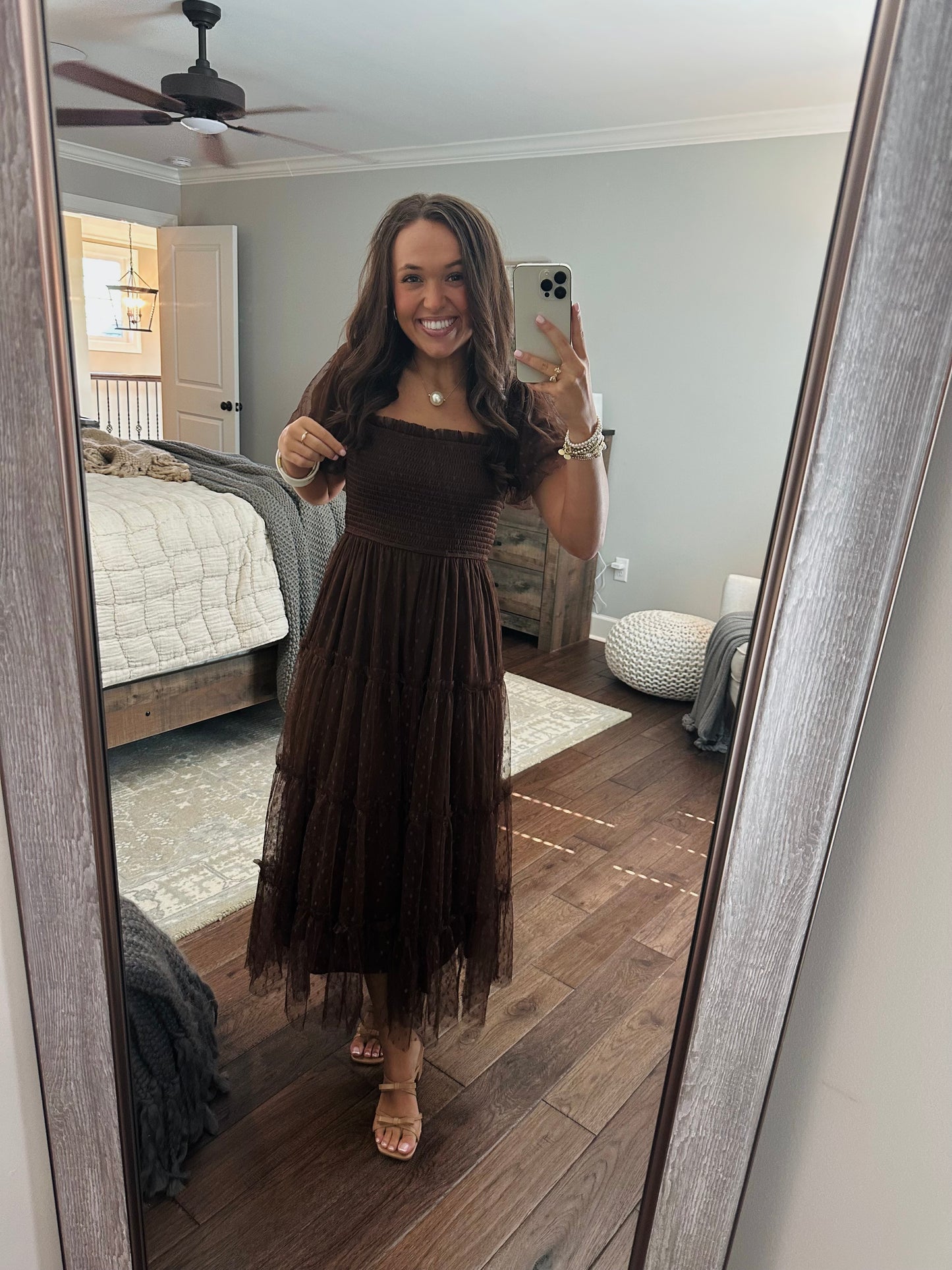 The Autumn Brown Polka Dot Chiffon Puff Sleeve Midi Dress
