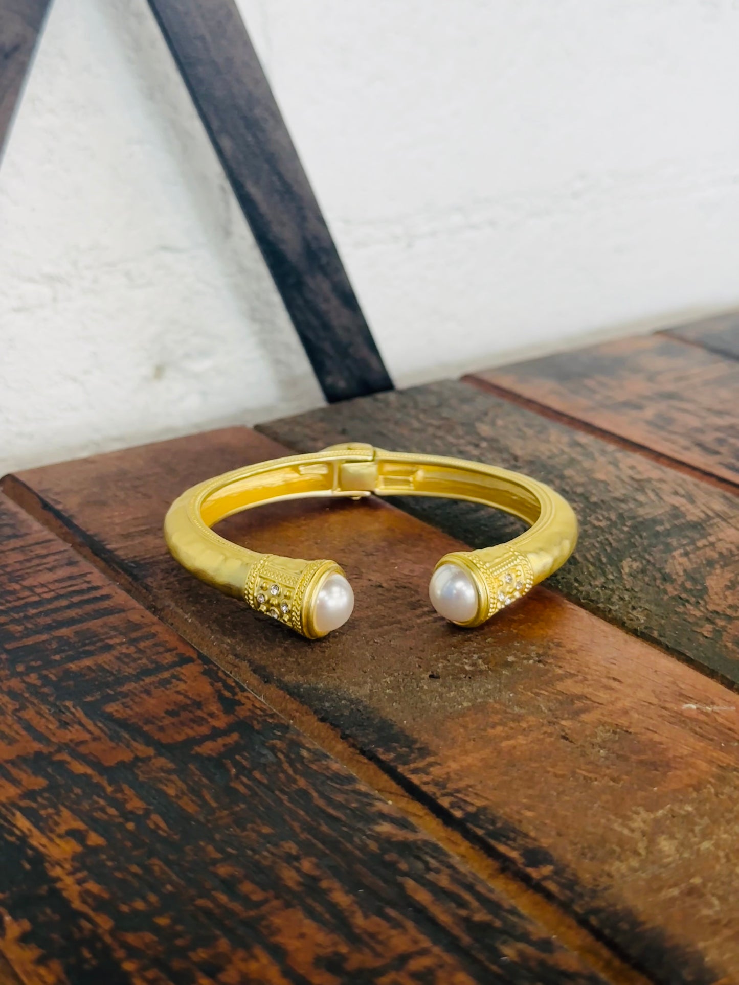 Gold Hammered Pearl Bead End Cuff Bracelet