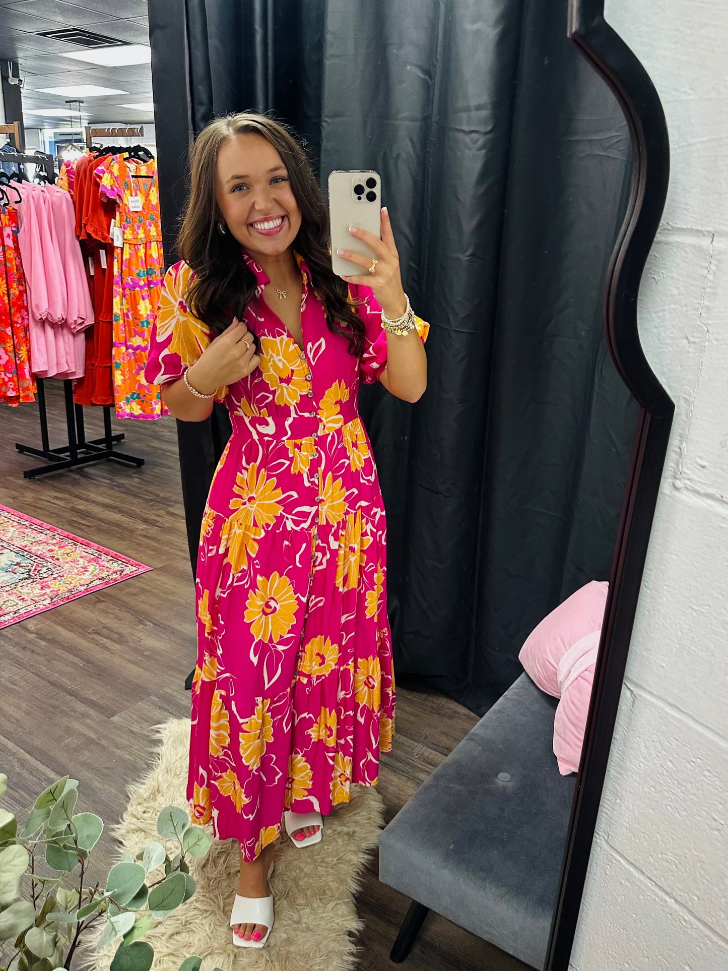 The Annamae Hot Pink Floral Midi Dress